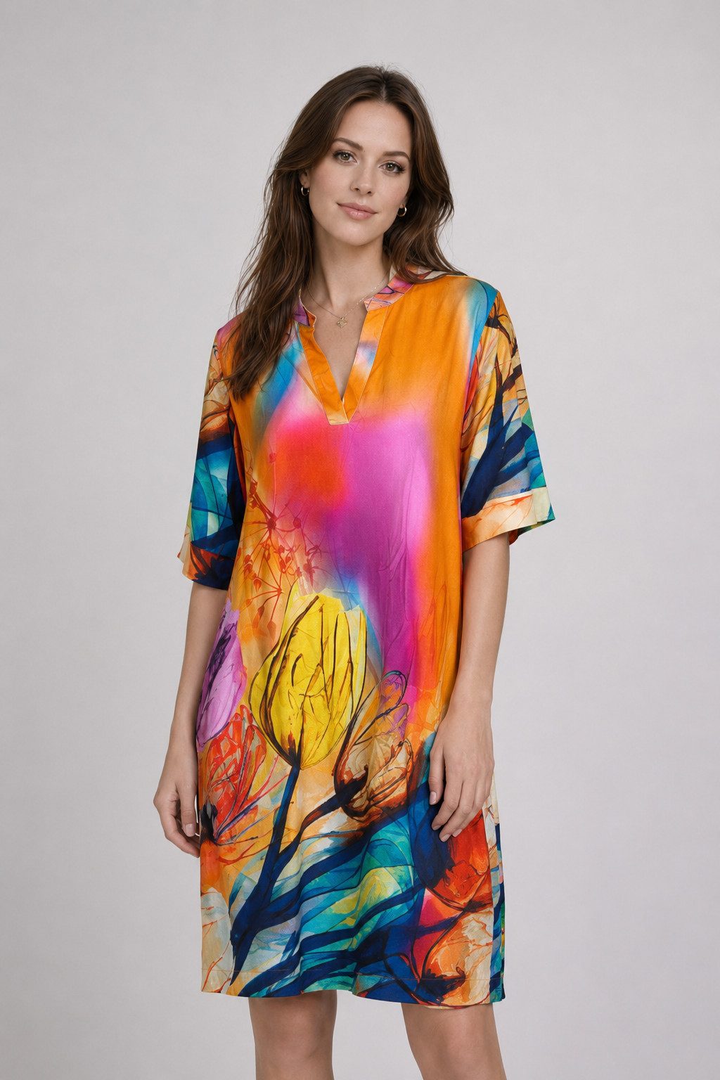 ITALY VIBES Sommerkleid - Tunikakleid - Printkleid mit V-Ausschnitt - Damen Viskosekleid One Size / passend für M bis XXL