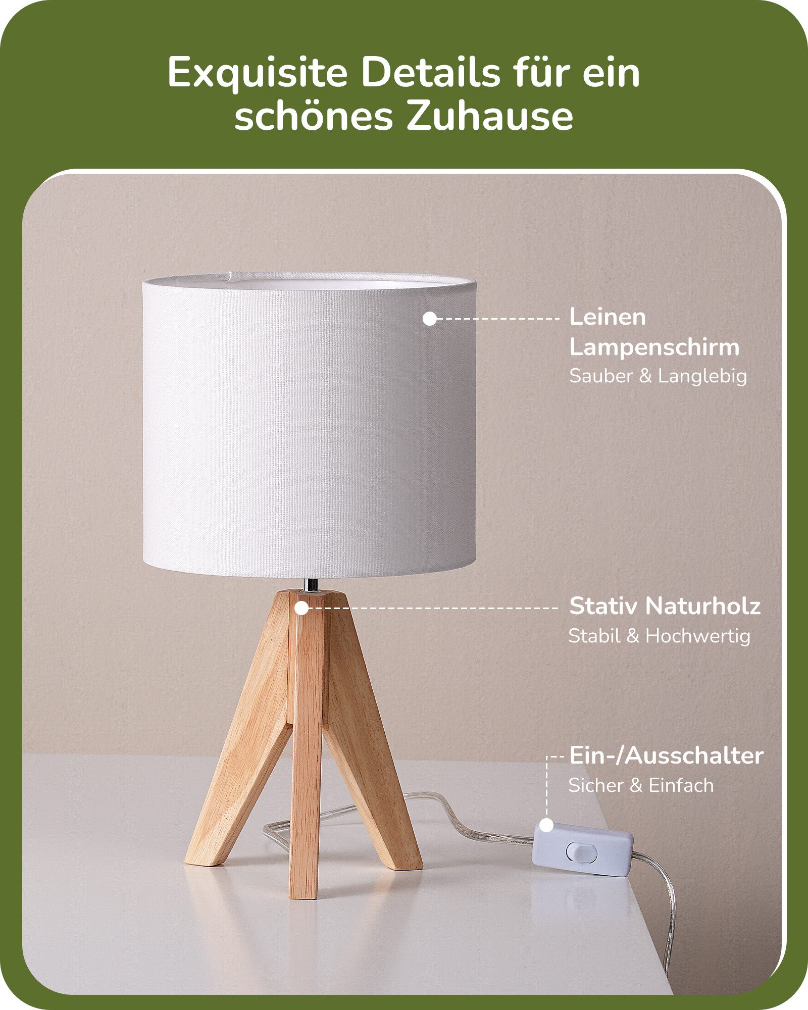 EDISHINE Nachttischlampe Vintage Tischlampe Holz mit Stoffschirm, inkl. Leuchtmittel, LED wechselbar, Warmweiß, Lampenschirm aus Leinen, für Deko, Schlafzimmer, Wohnzimmer