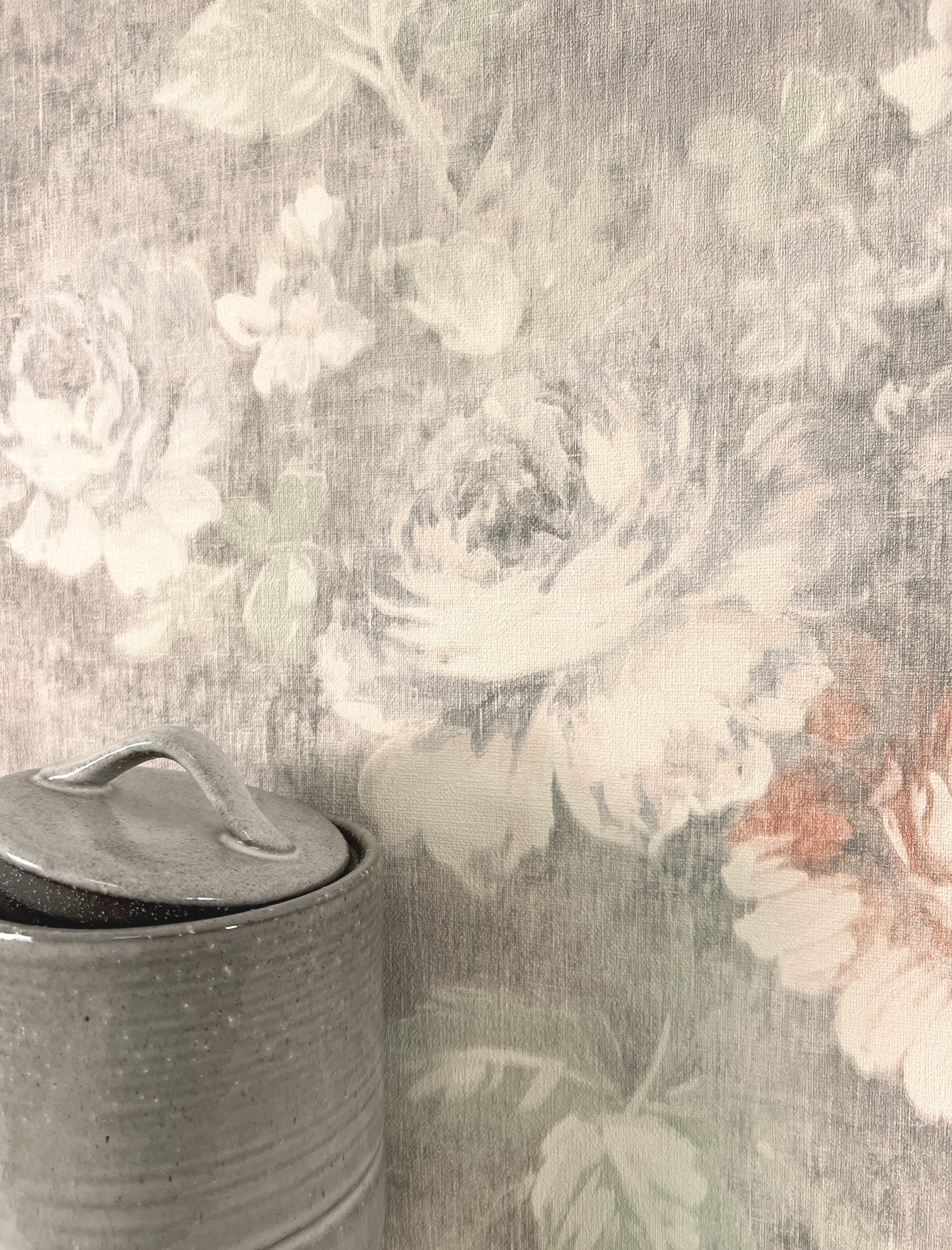 Newroom Vliestapete Sophia Tapete Vintage Rosen,Pfingstrosen,Blätter, Grau Tapete Floral Rosen - Vintage Blumentapete Rose Salbei Romantisch 3D Optik Pfingstrosen Blätter für Schlafzimmer Wohnzimmer Küche, Blumentapete
