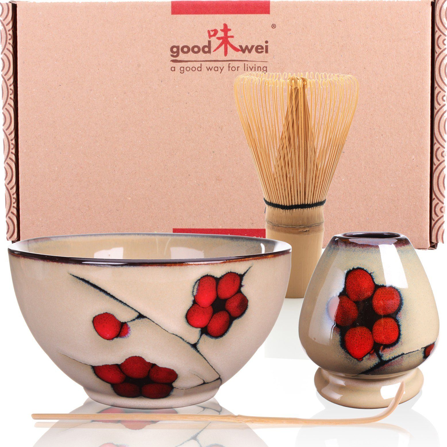 Goodwei Teeservice Matcha-Set "Plum" 80 mit Teeschale, Matchabesen und Besenhalter (4-tlg), Keramik