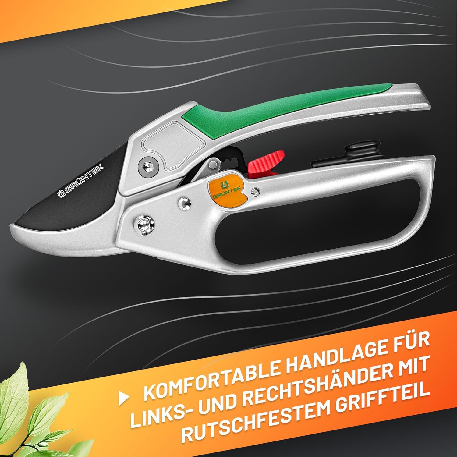 GRÜNTEK Gartenschere Amboss Strauchschere KONDOR 200 mm, automatisch zugeschaltete Ratsche, (Set, inkl. Ölschwamm und Schärfer), bis Ø24 mm, SK5 Klinge, Alumini – Bild 5 von 5