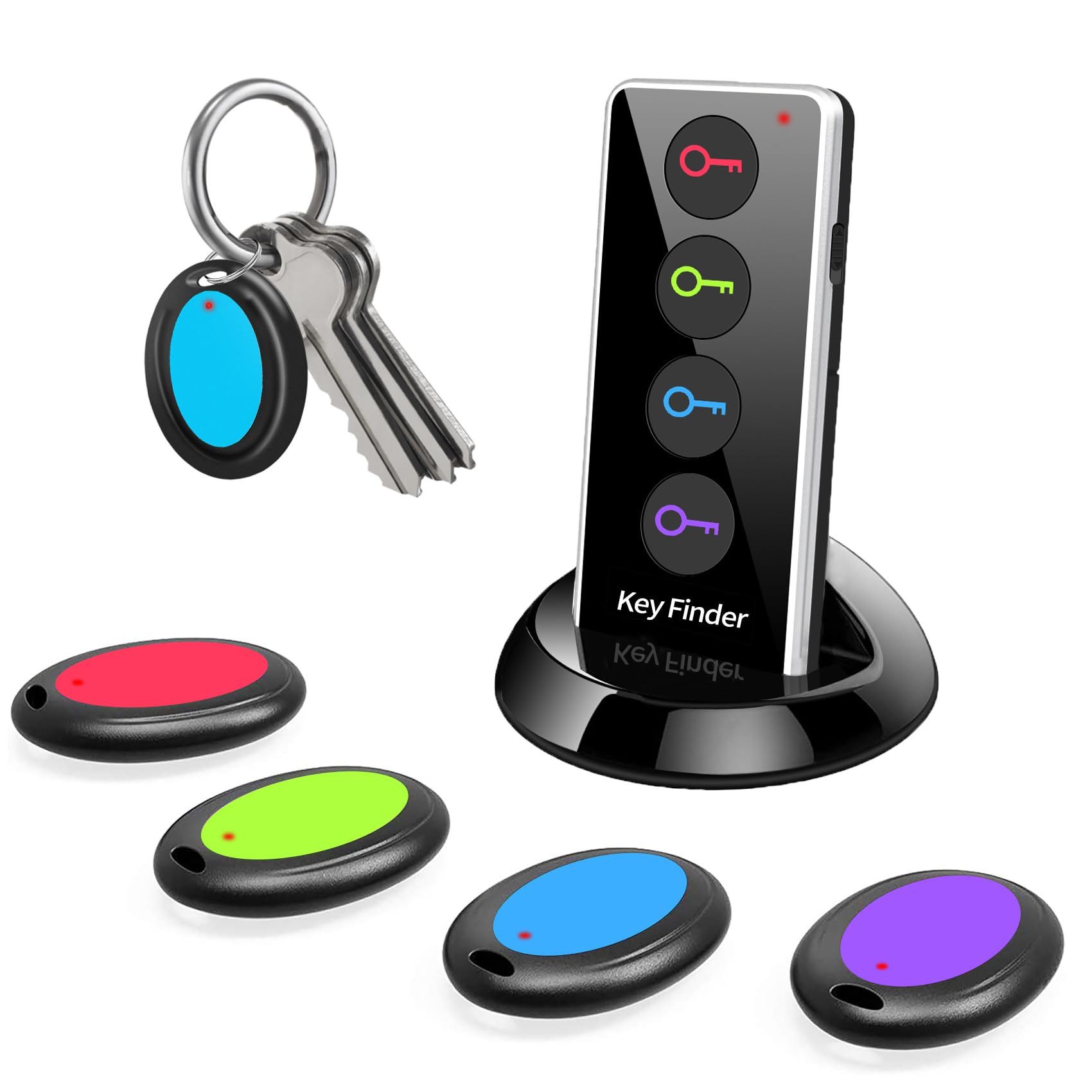 MOPUEA Schlüsselanhänger Key Finder, Wireless Key Tracking Locator mit LED-Leuchten (Schlüsselfinder Mit 30–40 m Reichweite Und 80 dB Signalton, 1-tlg., Kabelloser Schlüsselfinder Für Schlüssel Geldbörse Haustier Handy), 4er Set Schlüsselfinder Mit Funkem