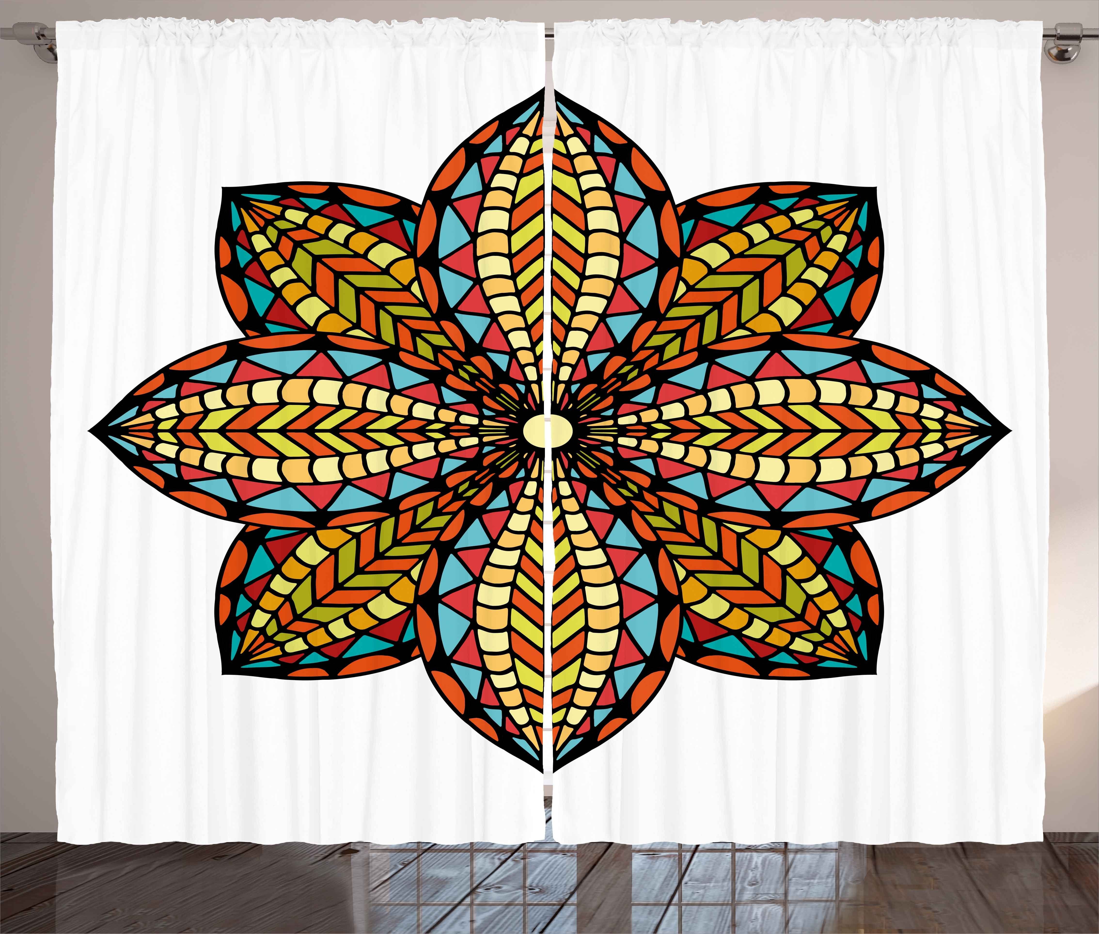 Gardine Schlafzimmer Kräuselband Vorhang mit Schlaufen und Haken, Abakuhaus, Mandala Bunte Blumen