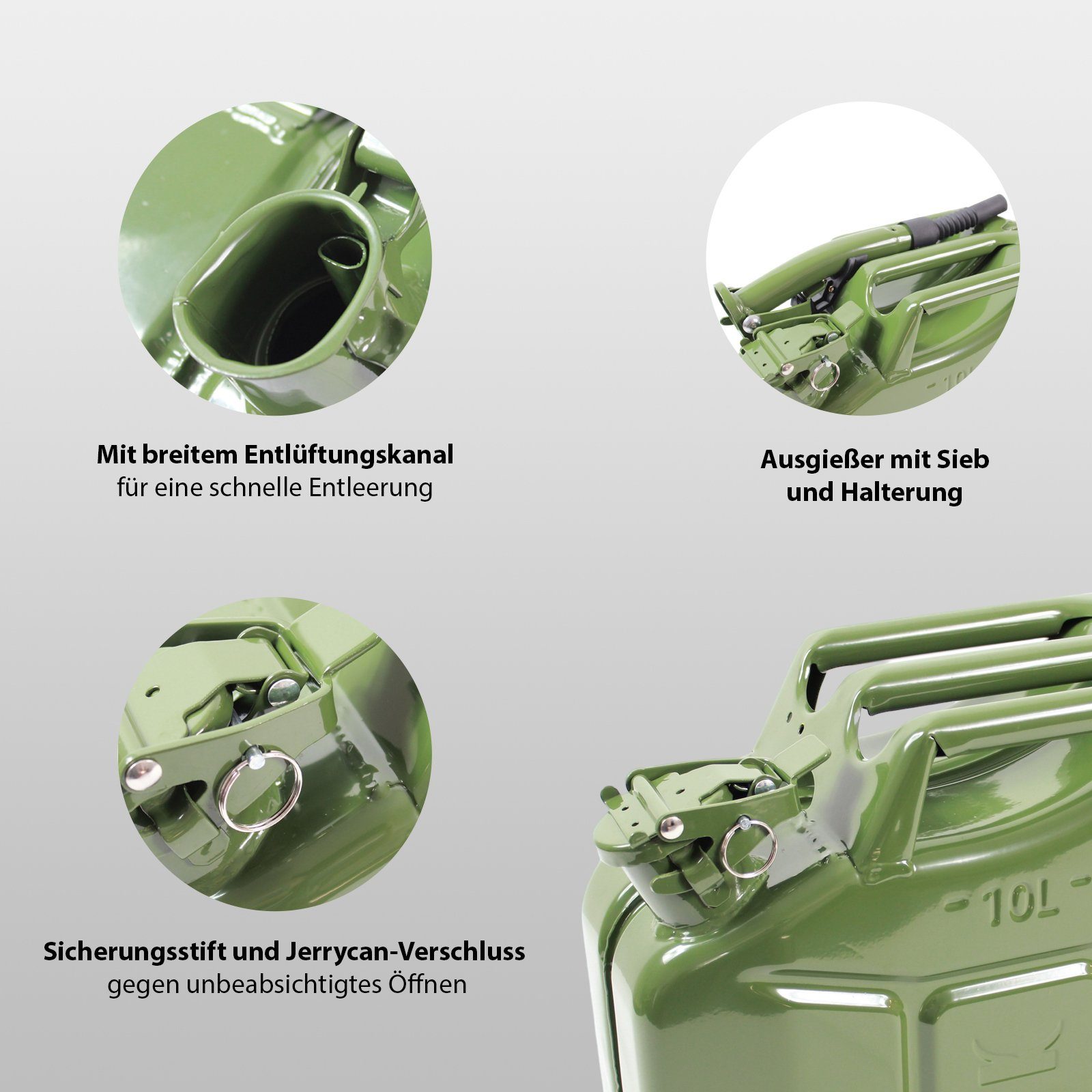 TRUTZHOLM Kanister 1x Ausgie inkl. Oliv Liter Kraftstoffkanister 10 Metall Benzinkanister