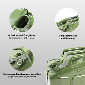 TRUTZHOLM Kanister 1x Benzinkanister Kraftstoffkanister Metall 10 Liter Oliv inkl. Ausgie (Set)