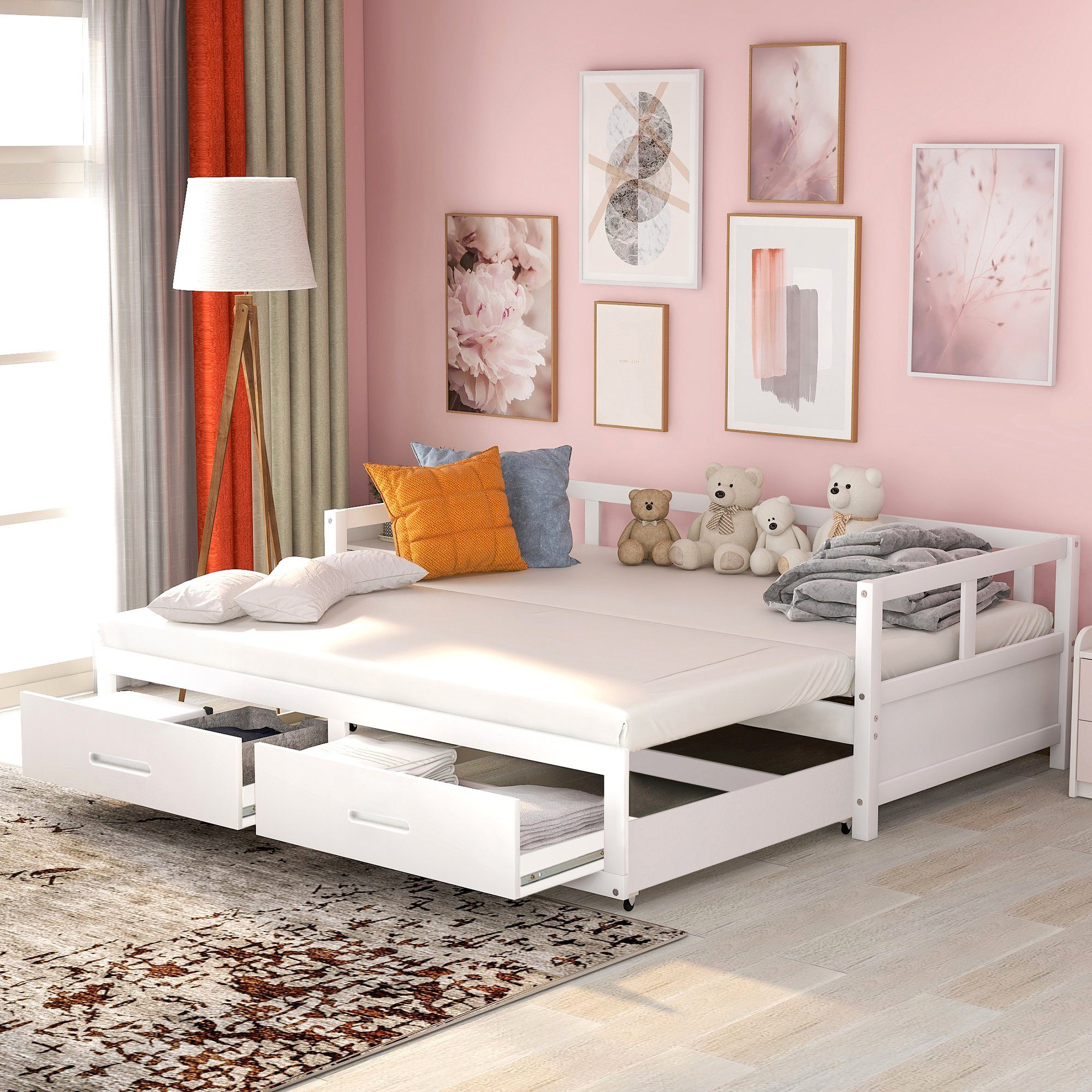 SOFTWEARY Schlafsofa Ausziehbett mit Bettfunktion, inkl. Lattenrost und Schubladen, 90x200 cm/180x200 cm, Holzbett aus Kiefer weiß