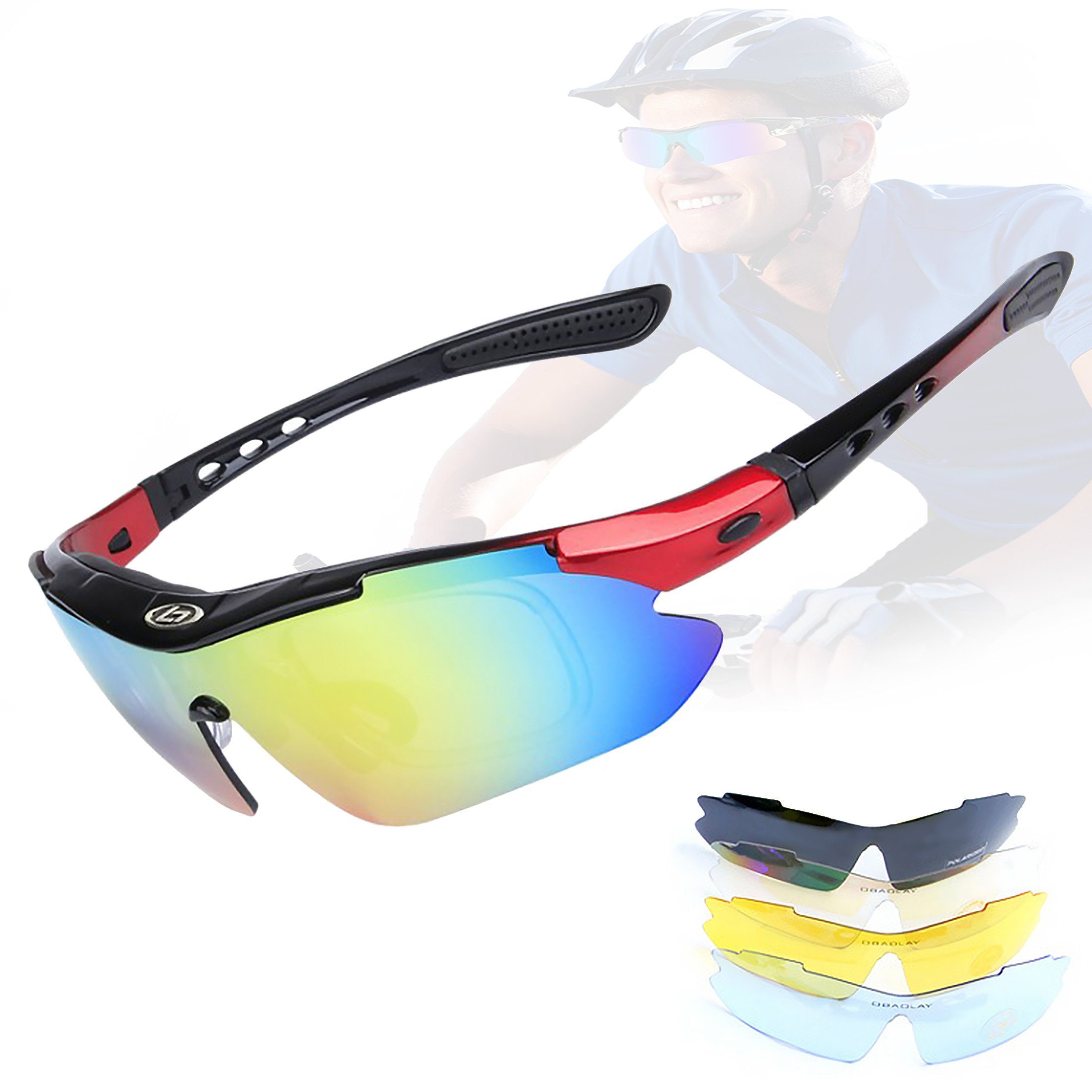 LeiGo Fahrradbrille Radsportbrille, polarisierte Sonnenbrille, Radsportbrille, Sportbrille, UV-400-Schutz für Männer und Frauen mit 4 austauschbaren Gläsern Schwarz-rot