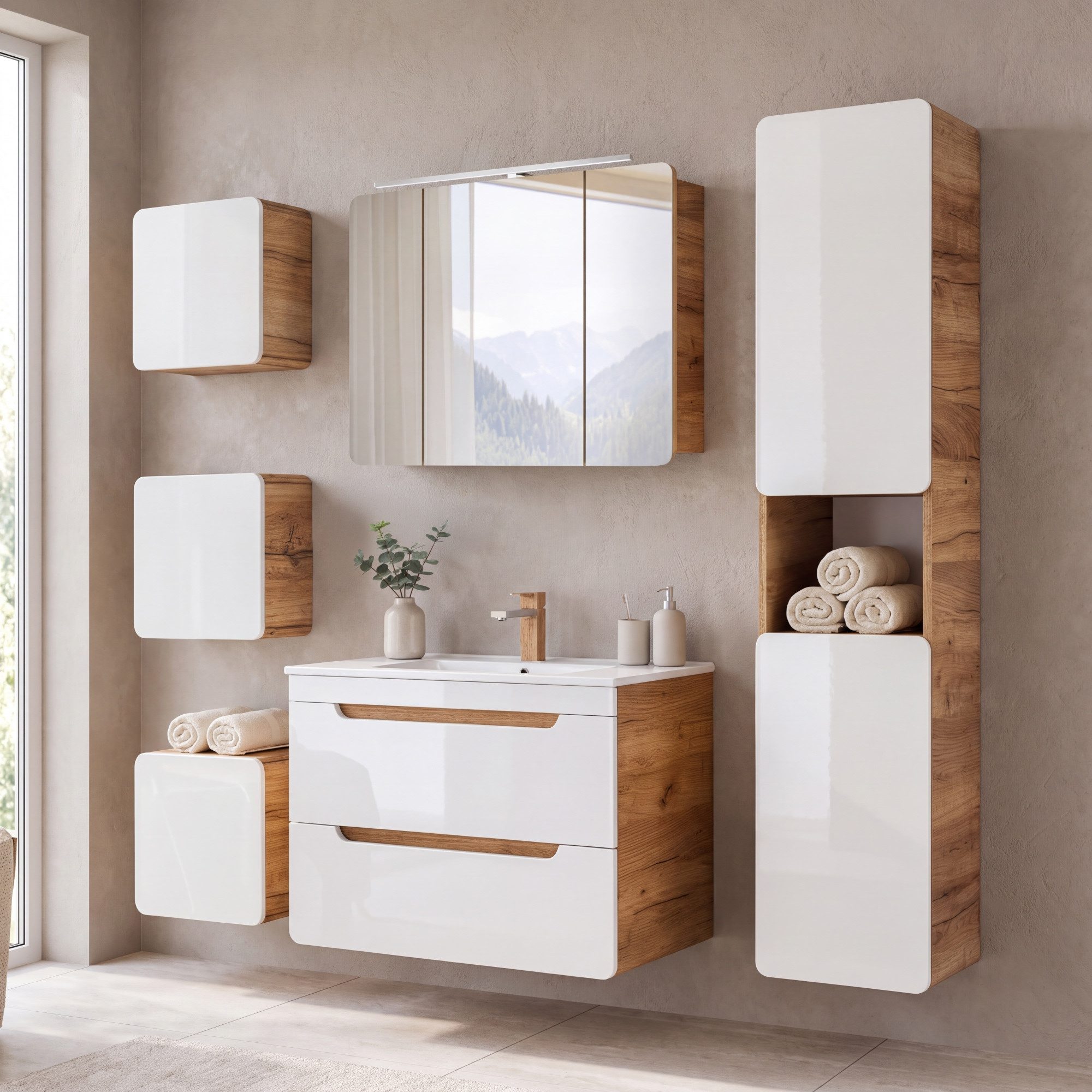 Lomadox Badmöbel-Set LUTON-56, (Spar-Set, 6-St), weiß mit Wotan Eiche Nb. mit LED-Spiegelschrank 180/200/46 cm