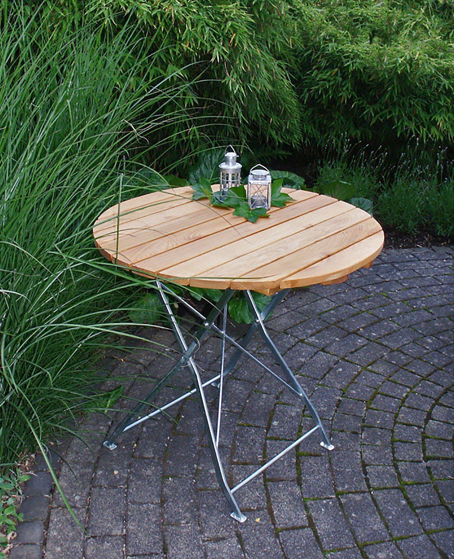 TPFGarden Gartentisch BAD BELZIG (Robuster Garten Holztisch Outdoor runde Tischplatte, 1-St., Garten-Esstisch 77cm Durchmesser Holz (aus Robinienholz), Gestell Flachstahl verzinkt - Hochwertige Verarbeitung