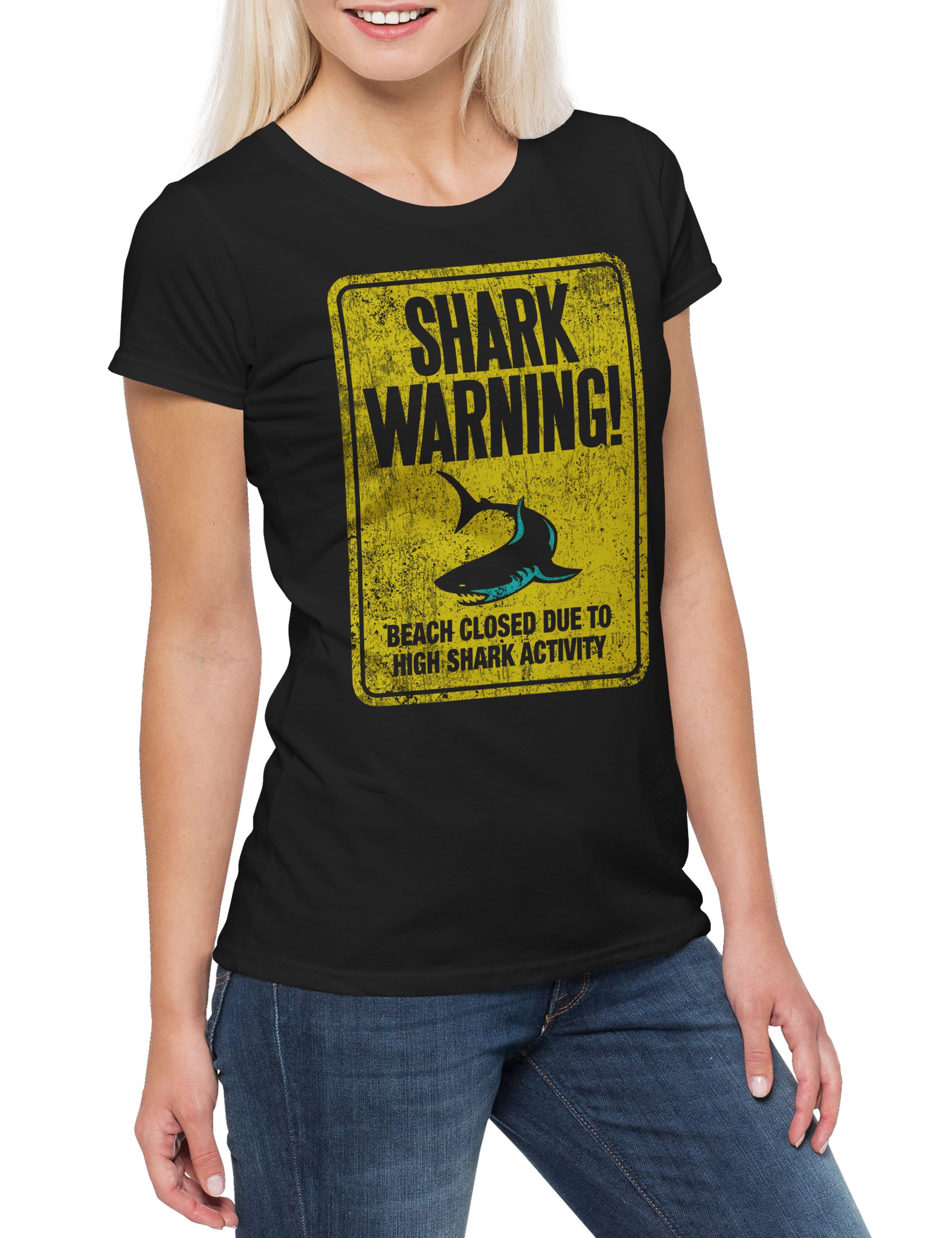 Print-Shirt Shark Warning Sign II Damen T-Shirt Weißer Hai Surfer Surfing Diver
