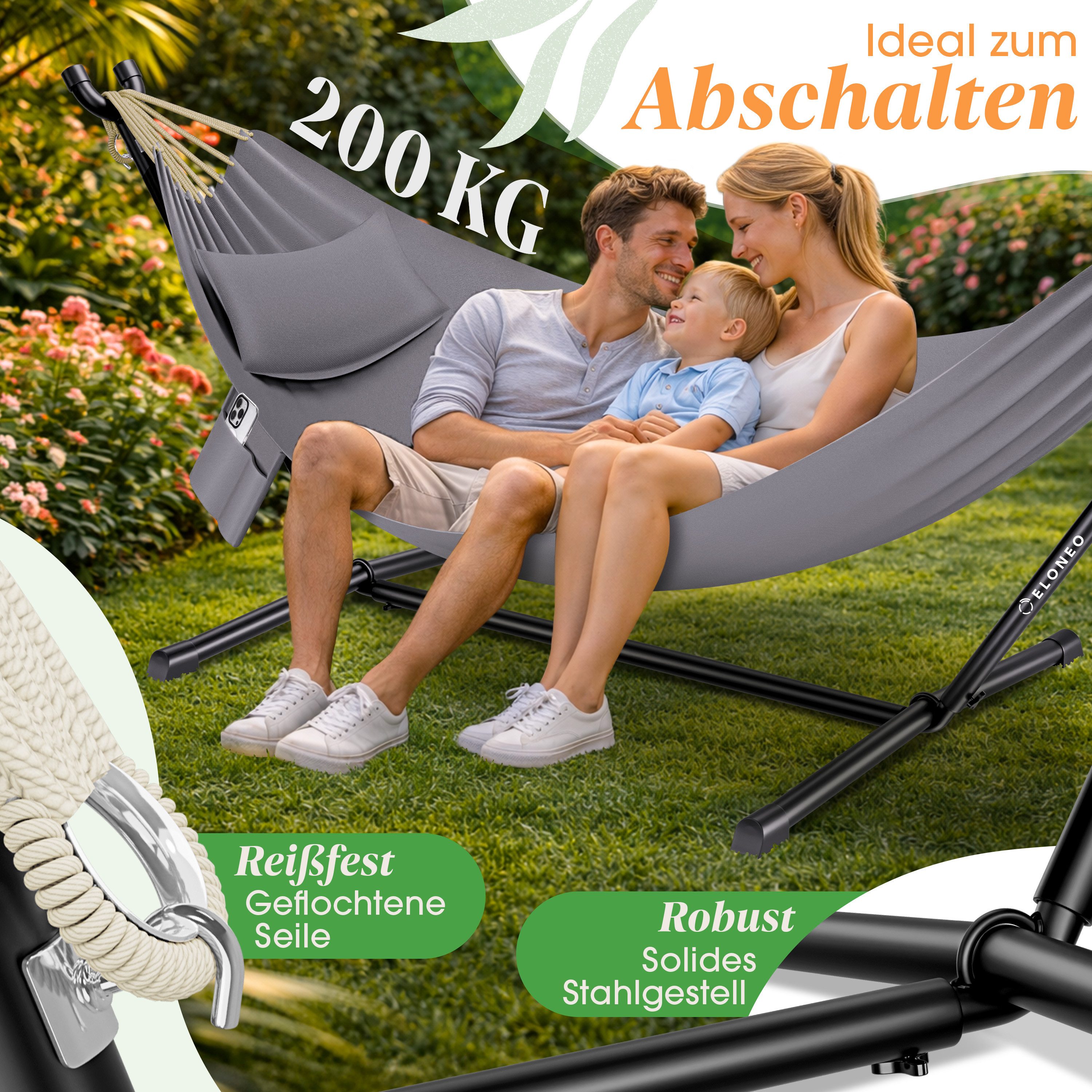 ELONEO Hängematte mit Gestell – Komfort & Flexibilität für Garten, Terrasse und Camping, belastbar bis 200kg, inkl. Kopfkissen und Tragetasche