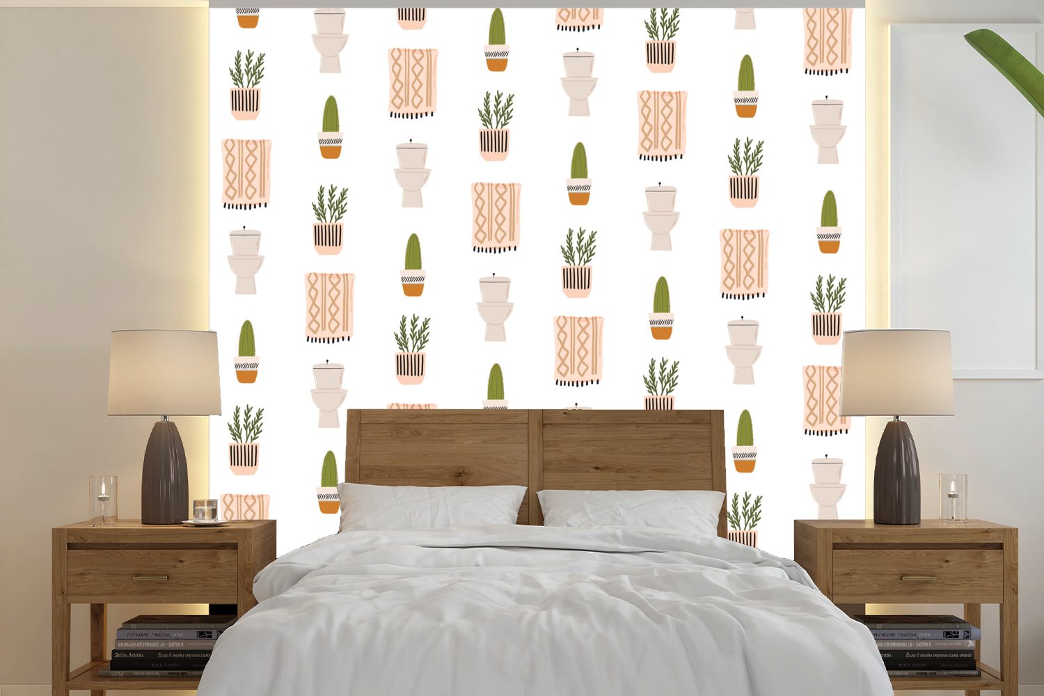 MuchoWow Fototapete Badezimmer - Pflanzen - Muster, Matt, bedruckt, (5 St), Vinyl Tapete für Wohnzimmer oder Schlafzimmer, Wandtapete