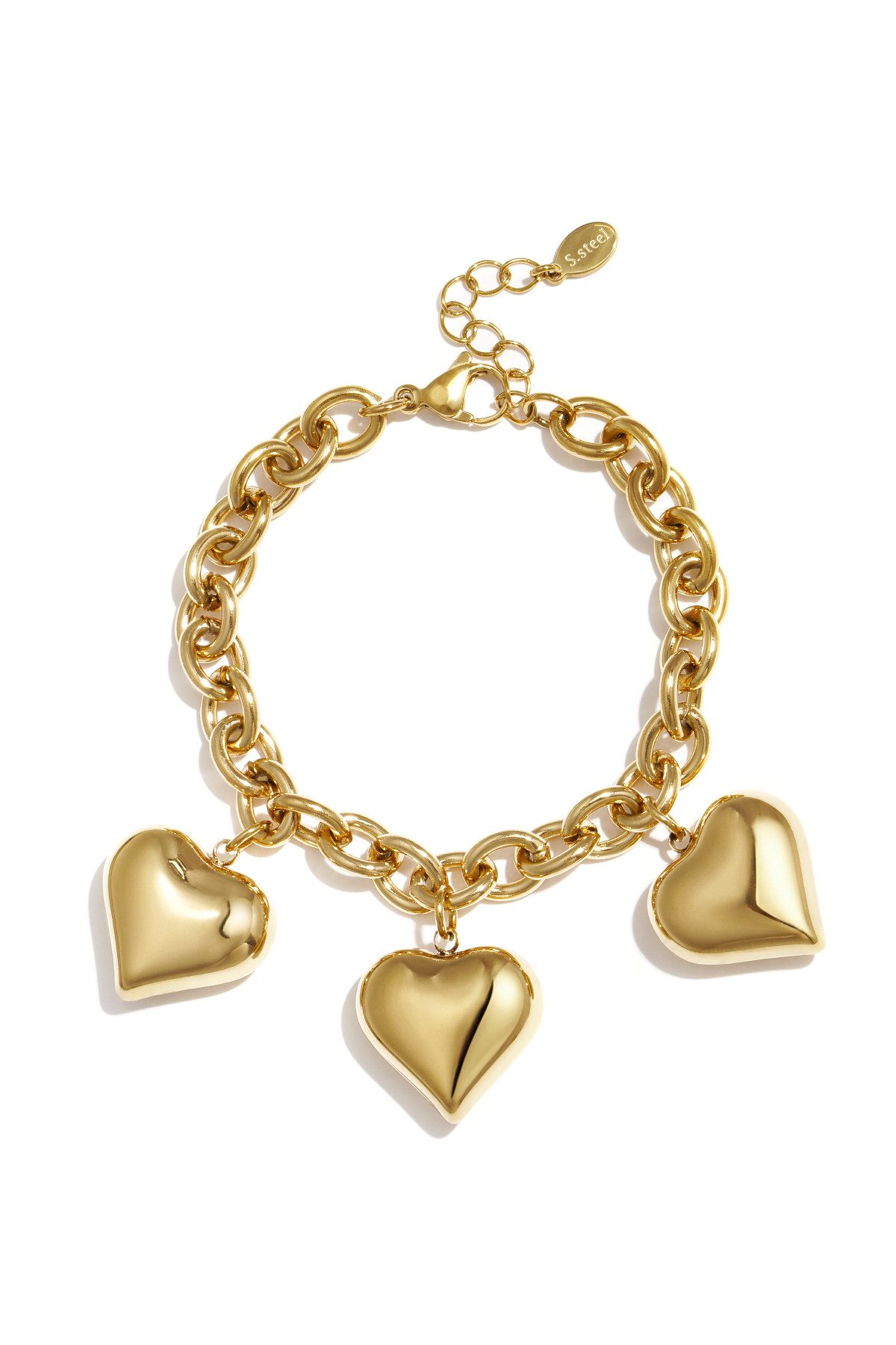 Adelia´s Charm-Armband Charmarmband mit drei großen Herzanhängern, 16 cm + 3 cm, Stylischer Modeschmuck mit drei glänzenden Herzanhängern