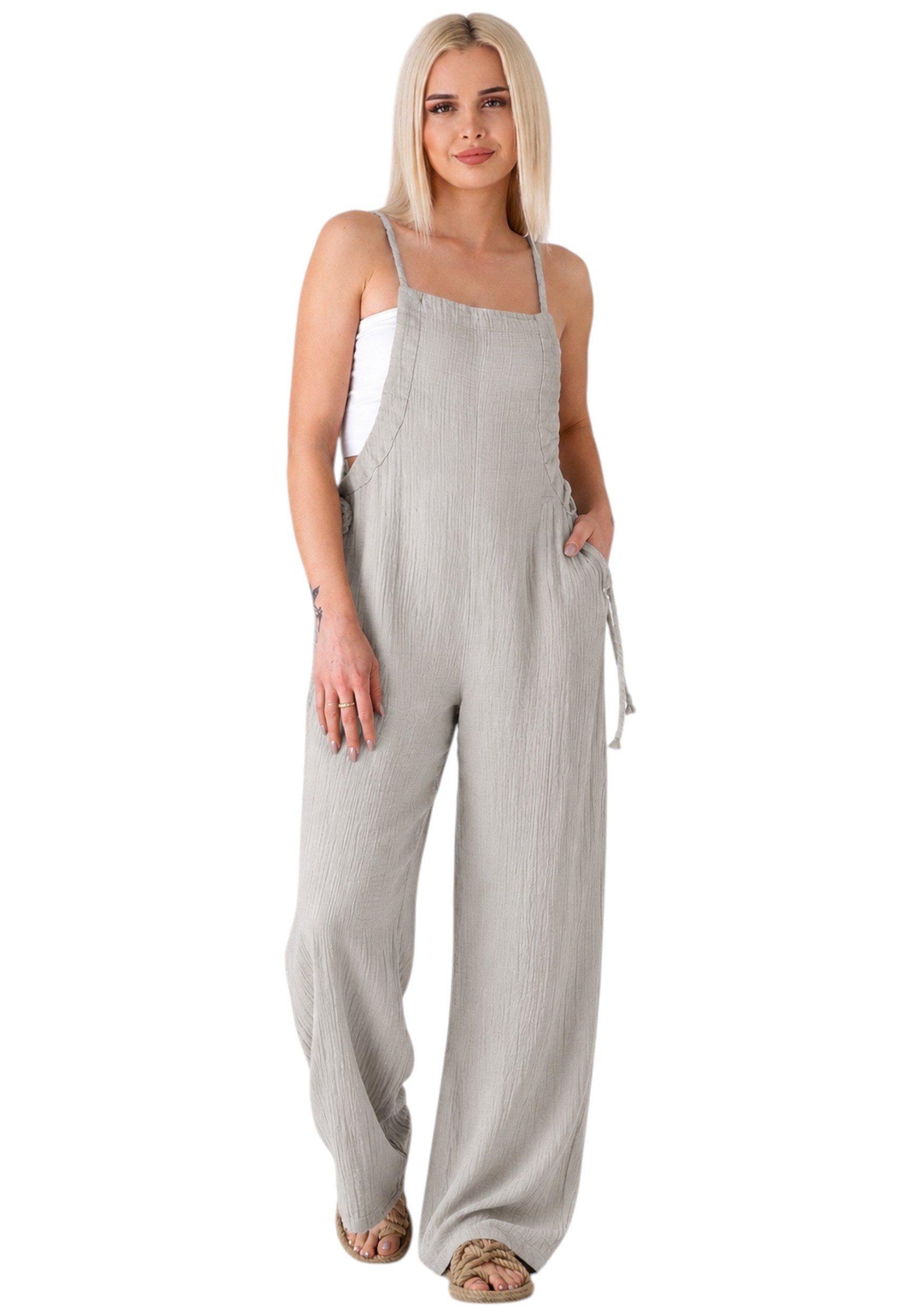 WENOR Latzhose Damen Jumpsuit Musselin mit Flechtträgern – locker & größenverstellbar Geflochtene, verstellbare Träger; weite Beinform