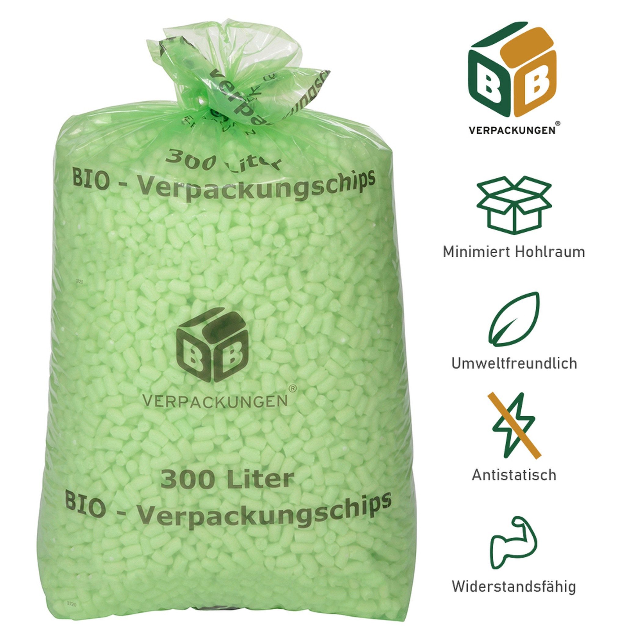 BB-Verpackungen Schutzpolster Helle Bio-Verpackungschips 300 Liter "BIG" Füllmaterial (9 St), 22 x 30-50 mm