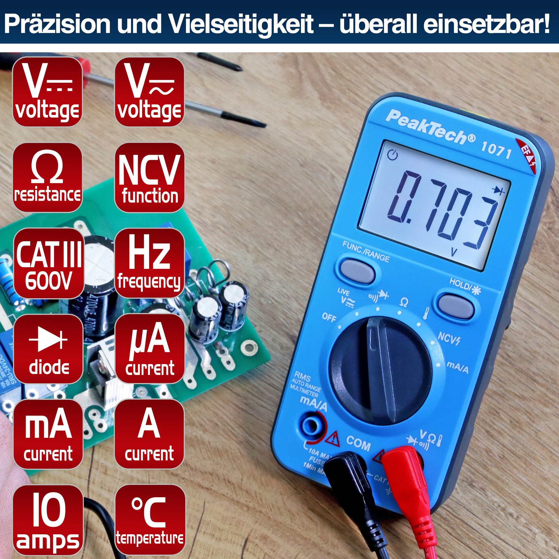 PeakTech Strommessgerät PEAKTECH Multimeter, P 1071, 600 V AC/DC, NCV