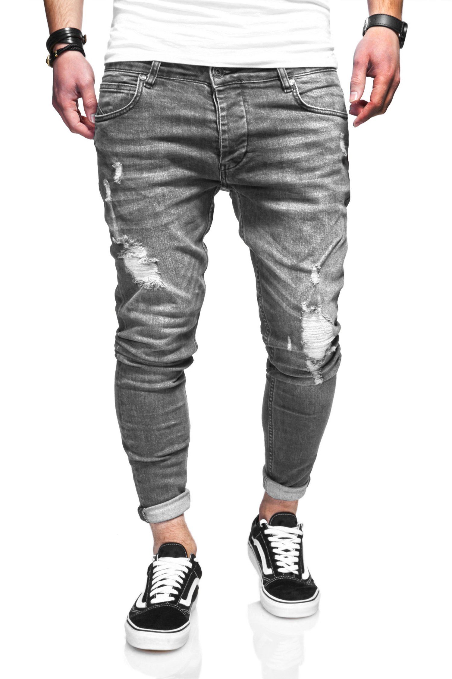 behype Slim-fit-Jeans ODIN mit Destroyed-Parts grau | Slim-Fit Jeans