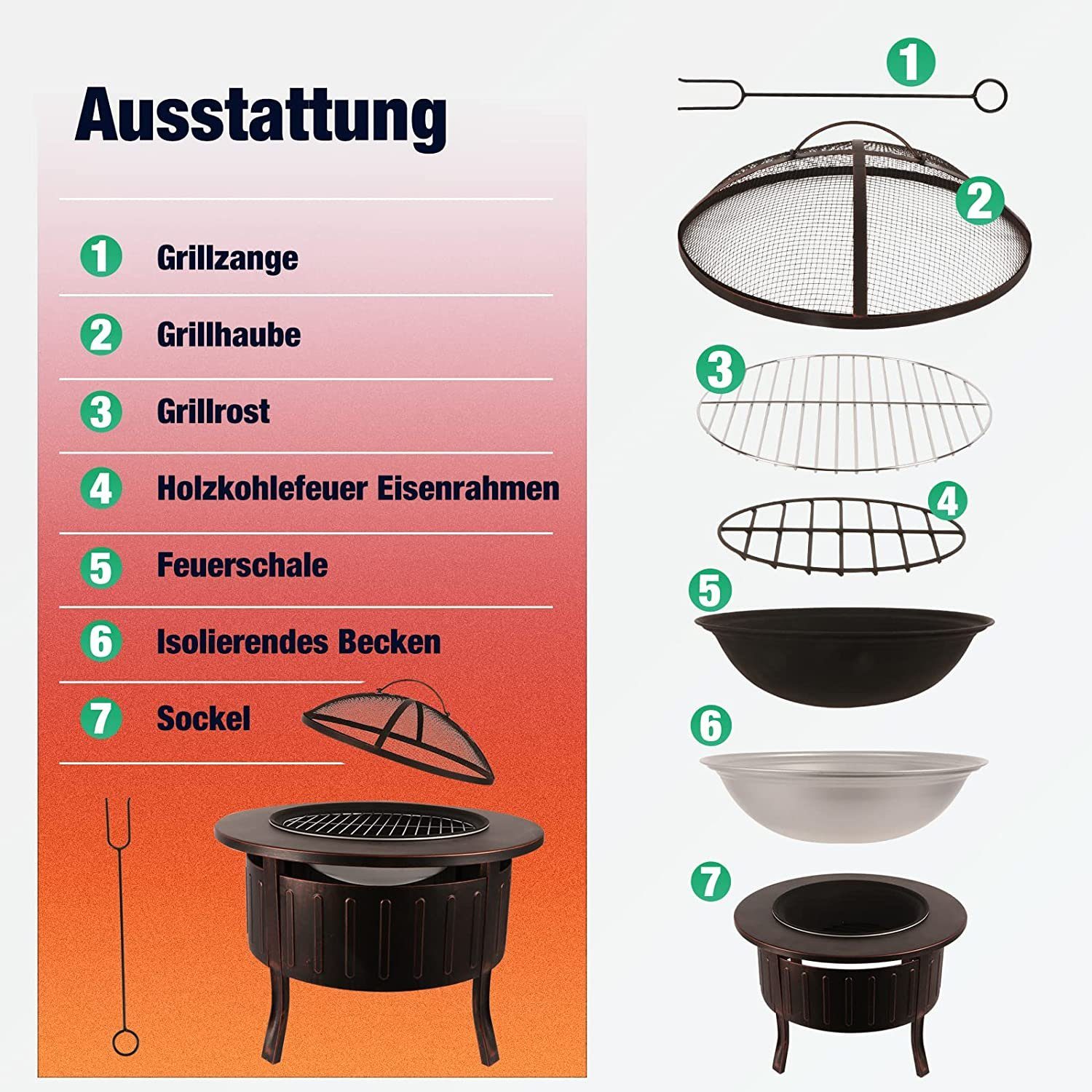 KAHOO Feuerschale Feuerstelle inkl. Grillzubehör, φ71cm, mit Funkenschutz & Zange