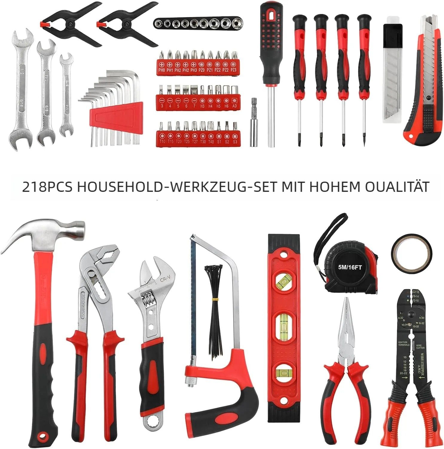 TLGREEN Werkzeugset 218-teiliger Werkzeugsatz,Premium-werkzeugkoffer, (inkl. Säge, Steckschlüsseln & verstellbaren Schlüsseln), für tägliche Reparaturen und Heimwerker