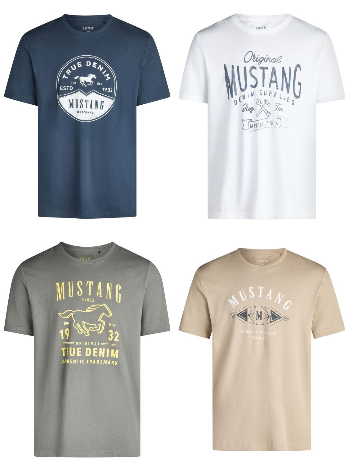 MUSTANG T-Shirt Herren Printshirt 4er Pack Set Regular Fit (Vorteilspack, 4-tlg) Kurzarm Sommer Tee Shirt mit Rundhalsausschnitt aus 100% Baumwolle