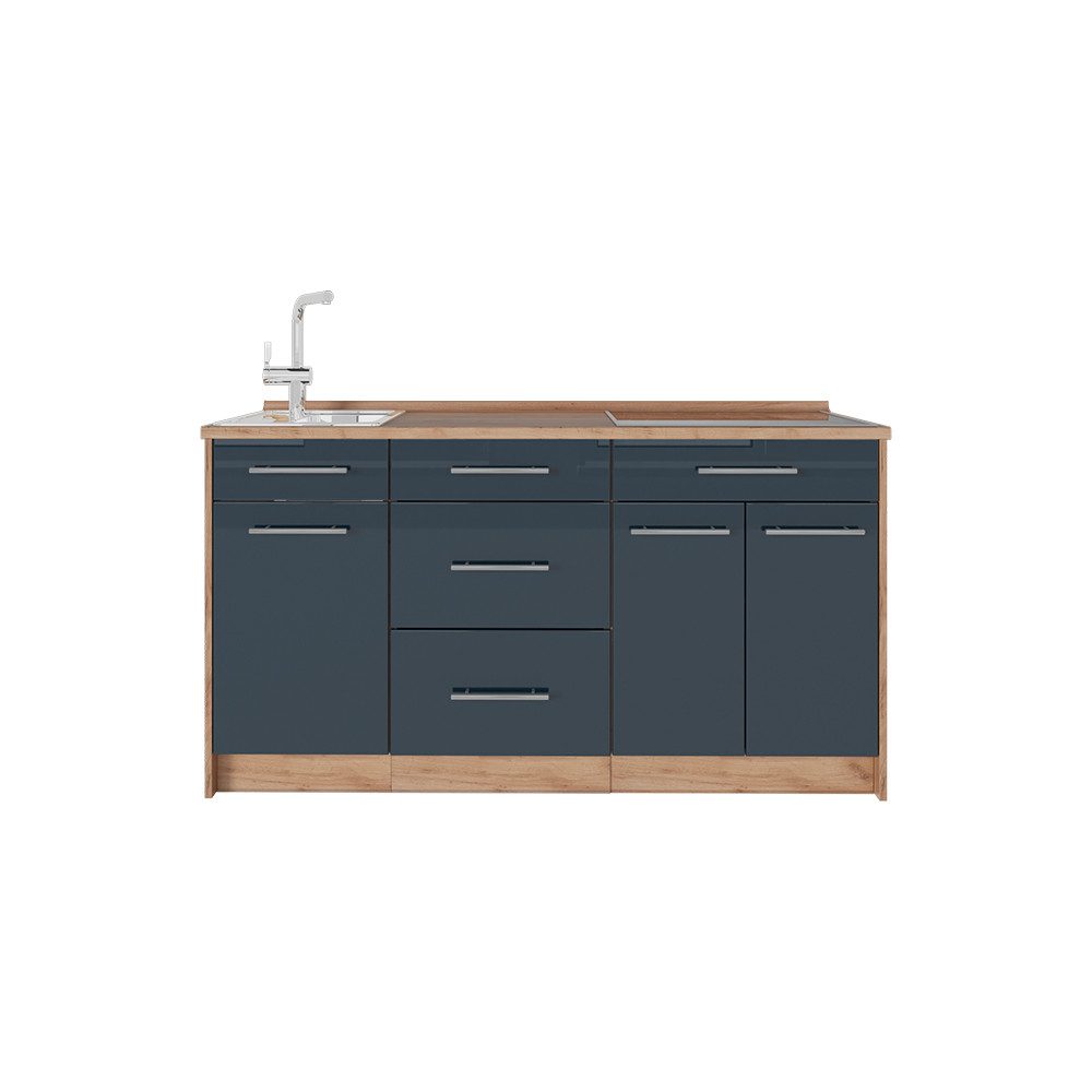 Vicco Küchenzeile Fame-Line, Dunkelblau Hochglanz, 150 cm, AP Eiche
