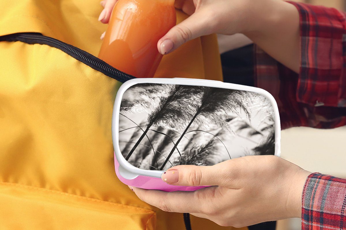 MuchoWow Lunchbox Brotdose rosa - (2-tlg), Weiß Brotbox für Kunststoff Kinder, Kunststoff, - - Pampasgras Pflanze, Mädchen, Snackbox, Schwarz Erwachsene
