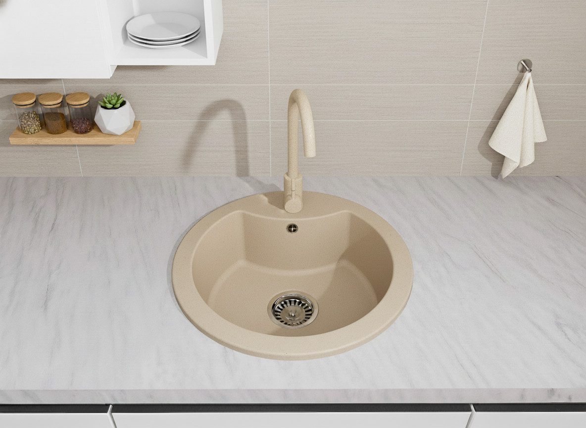 Faizee Möbel Granitspüle Granit Spüle Einbauspüle rund Spülbecken+Drehexcenter+Siphon 49cm, Rund