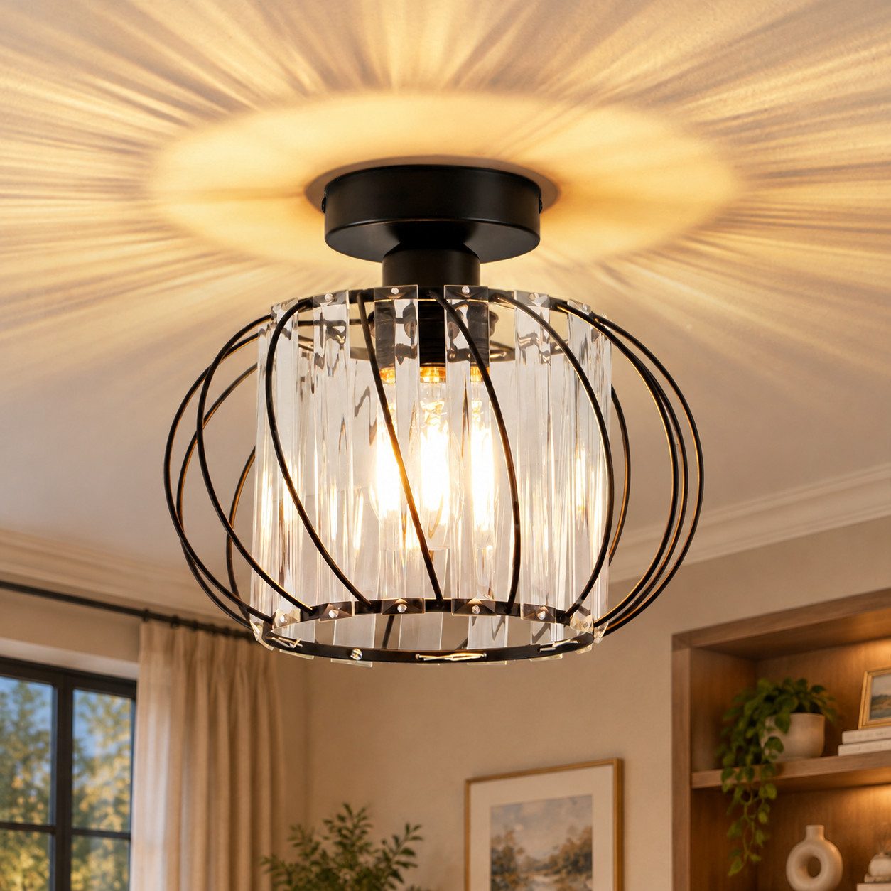 Nettlife Deckenleuchte Retro Schwarz Kristall E27 1-Flammig Metall Deckenlampe für Küche Flur, ohne Leuchtmittel, Innen Deckenbeleuchtung für Korridor Balkon flur küchen