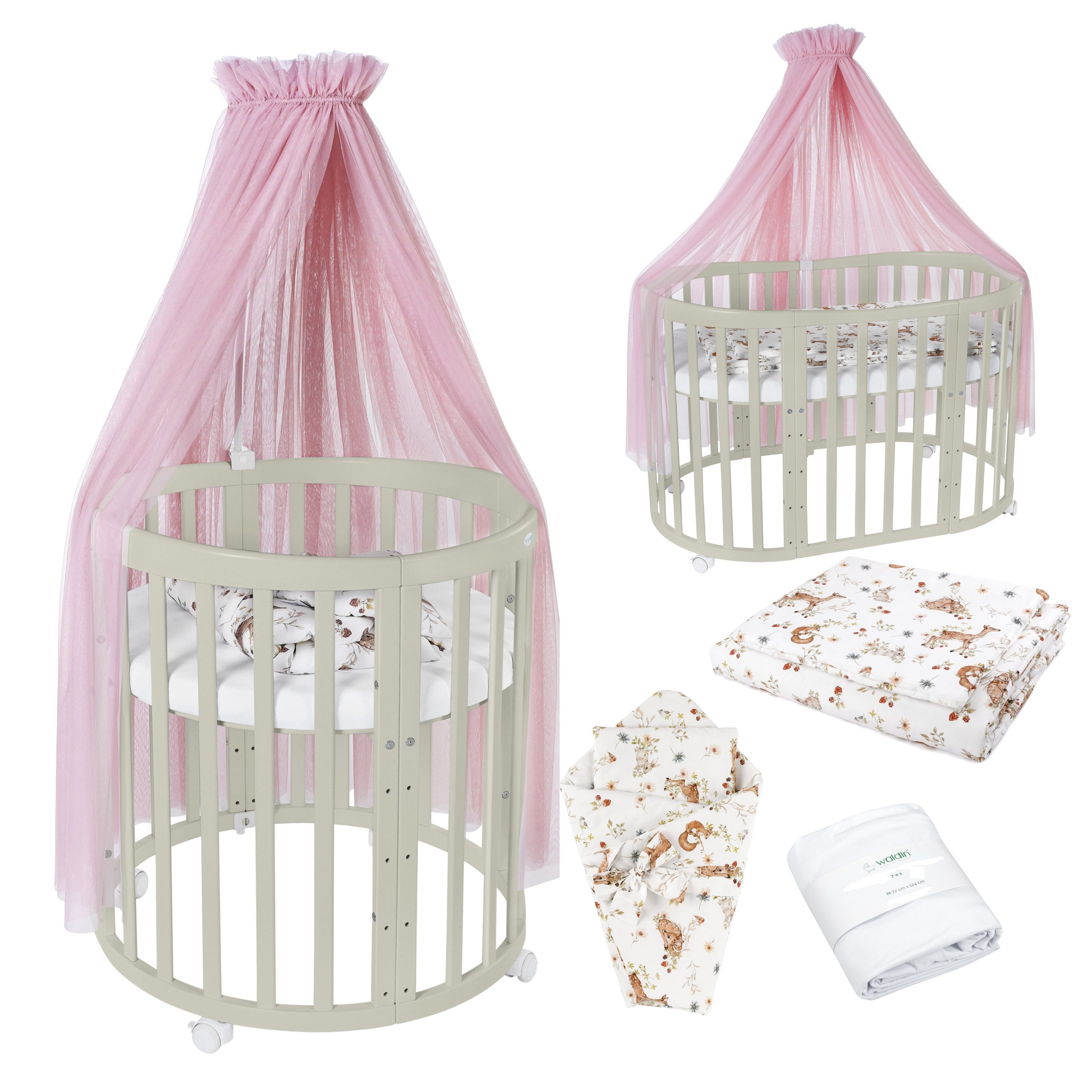Waldin Babybett Mobiles Babybett OWAL aus Holz 7in1 mit Matratze, mitwachsend