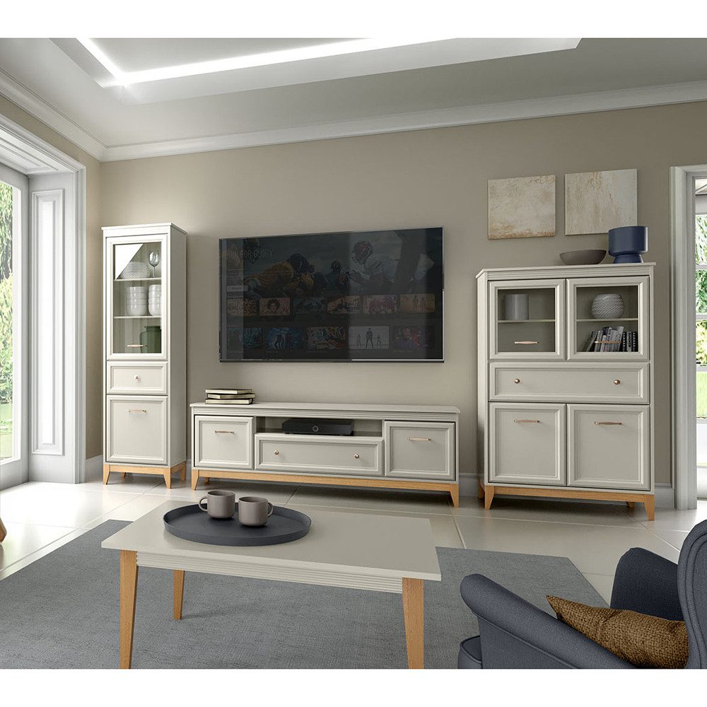Lomadox Wohnzimmer-Set WILNA-161, (Mega-Spar-Set, 4-St., Vitrine Lowboard Highboard Couchtisch), in Kaschmir, Massivholz Füße, Rahmenfront mit Profilfräsung, Softclose