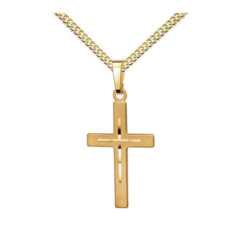 JEVELION Kreuzkette 585 Gold Anhänger mit Diamantschliff - Made in Germany (Goldkreuz, für Damen und Herren), Mit Kette vergoldet- Länge wählbar 36 - 70 cm oder ohne Kette.