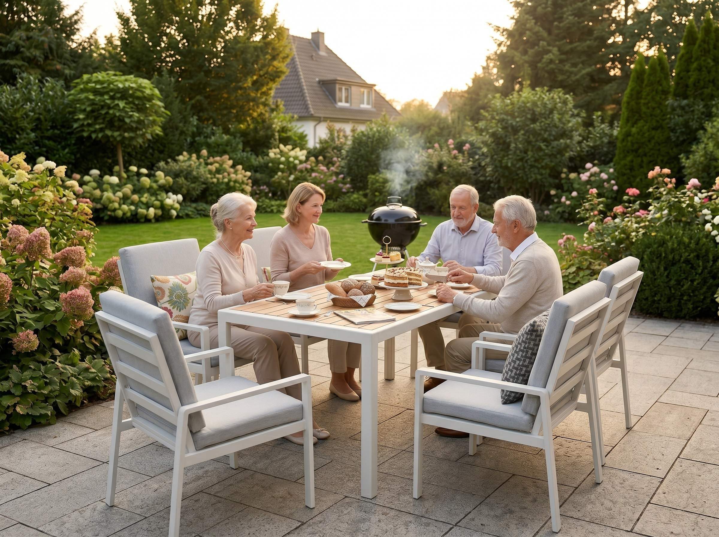 MeXo Gartenlounge-Set Gartenmöbel Set Aluminium Outdoor, (Garten-Essgruppe für 6 Personen, 7-tlg., mit Polywood Tisch & Auflagen), wetterfest für Terrasse & Garten