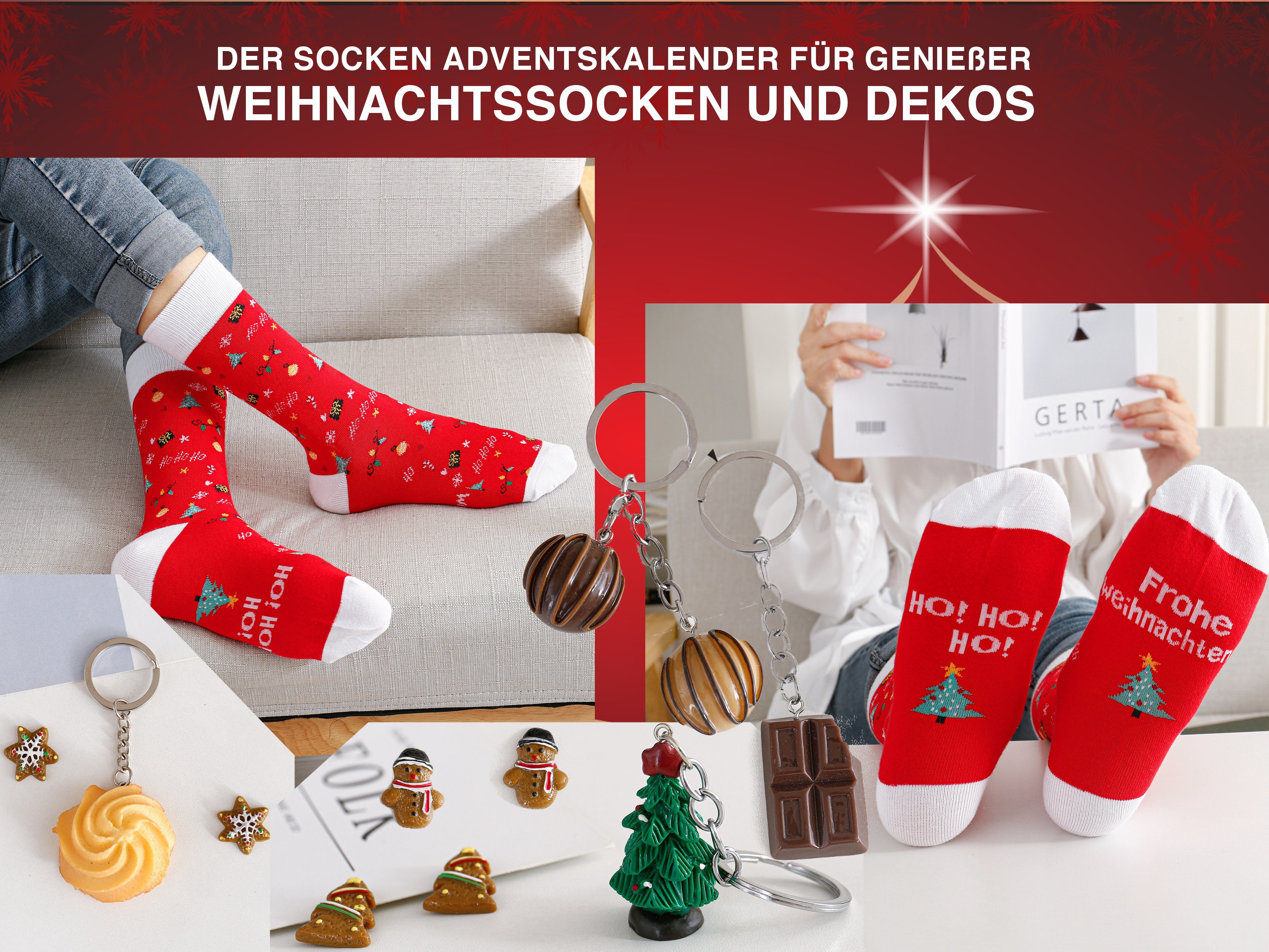 37-43, für Frauen, Adventskalender Sprüchen, Schlüsselanhänger mit Kuschelsocken Sprüchen, Essens-Motiv mit mit Gr. Baumwollsocken Socken Lucadeau