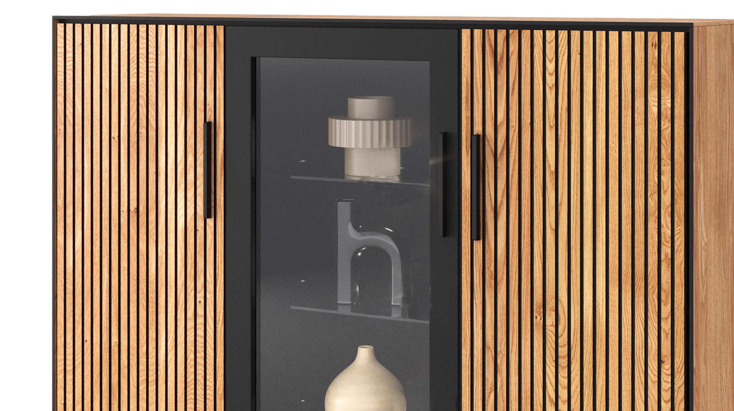 Massivart® Highboard BELLA 146 cm / Massivholz Eiche geölt / Metallgriffe, 2 Türen / 1 Glastür / 3 Glas- und 6 Einlegeböden / Soft-Close