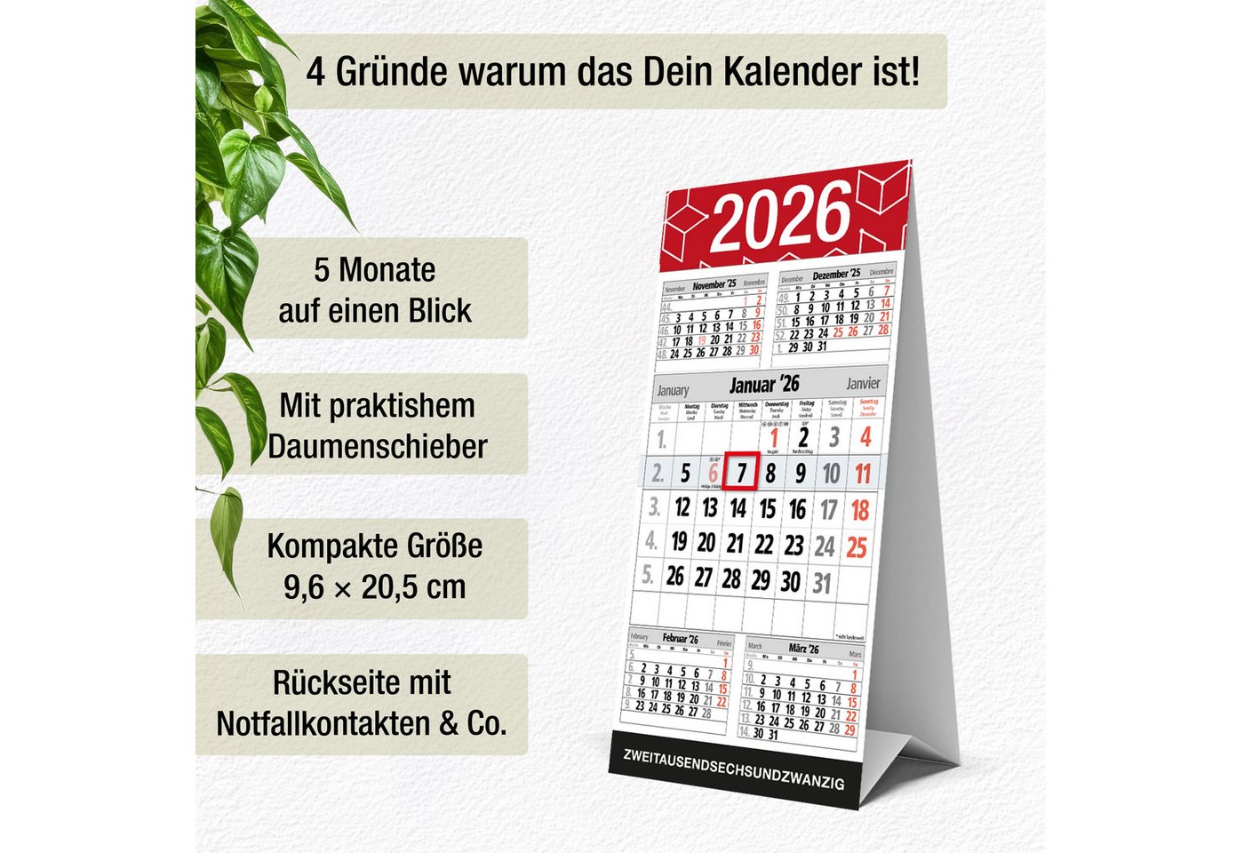 Thumbnail - TOBJA Tischkalender Tischkalender 2026 zum Aufstellen mit Datumsschieber, Stehkalender 2026, Tischkalender klein