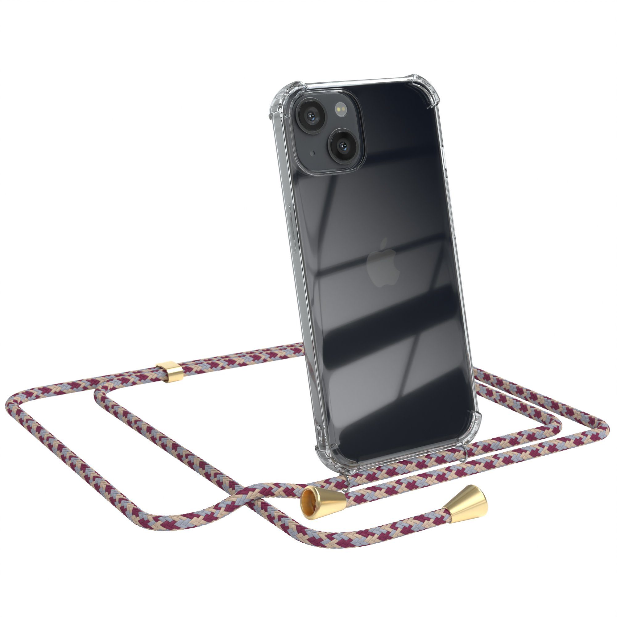 EAZY CASE Handykette Hülle mit Kette für Apple iPhone 13 6,1 Zoll, Hülle mit Umhängeband Bumper Case Hülle mit Band Rot Beige Camouflage