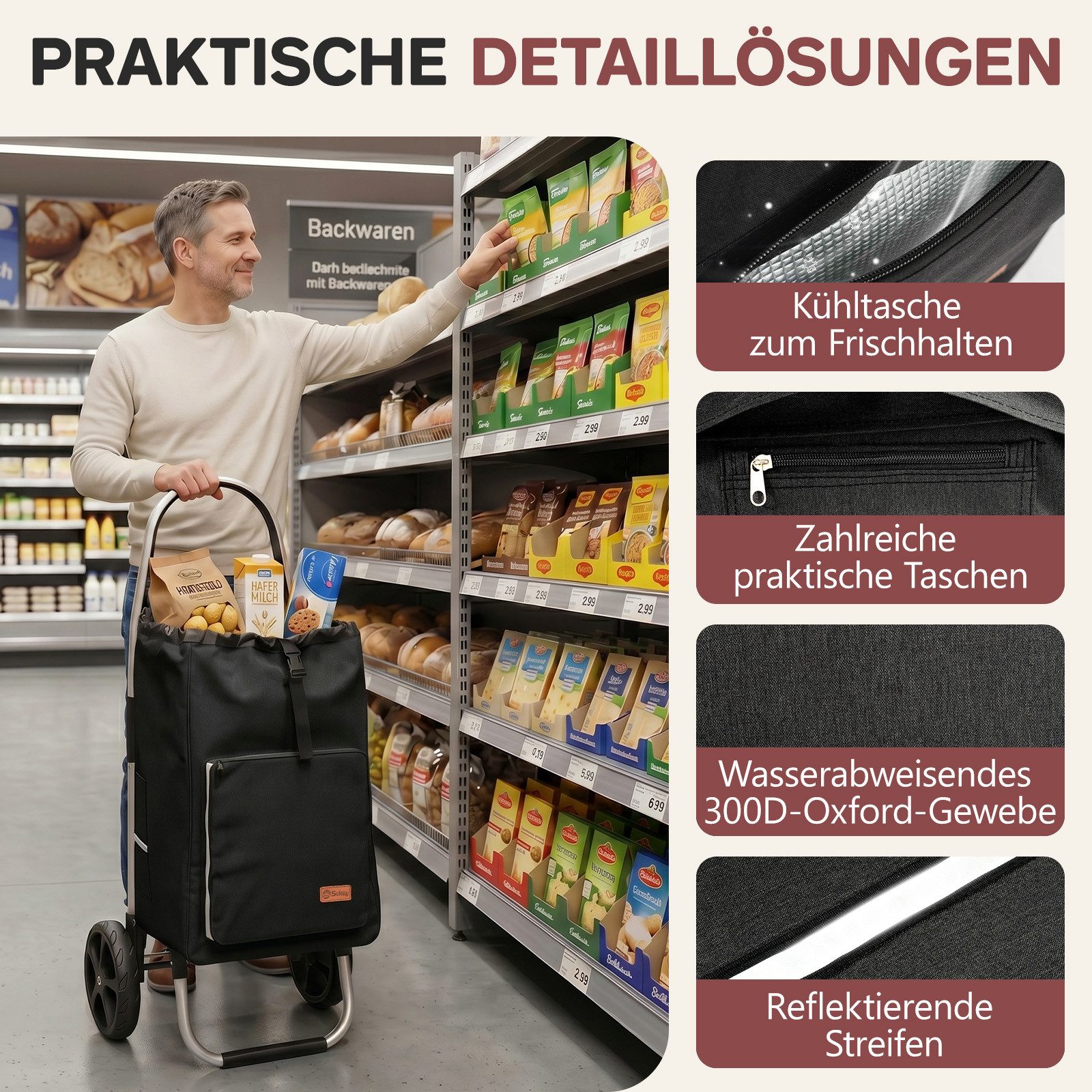 Sekey Einkaufstrolley 4-in-1 Einkaufstrolley Klappbar Einkaufswagen mit Rucksack, Kühltasche, 60 l, 60 l, Klappbarer Transportwagen, Handwagen mit großen Rädern