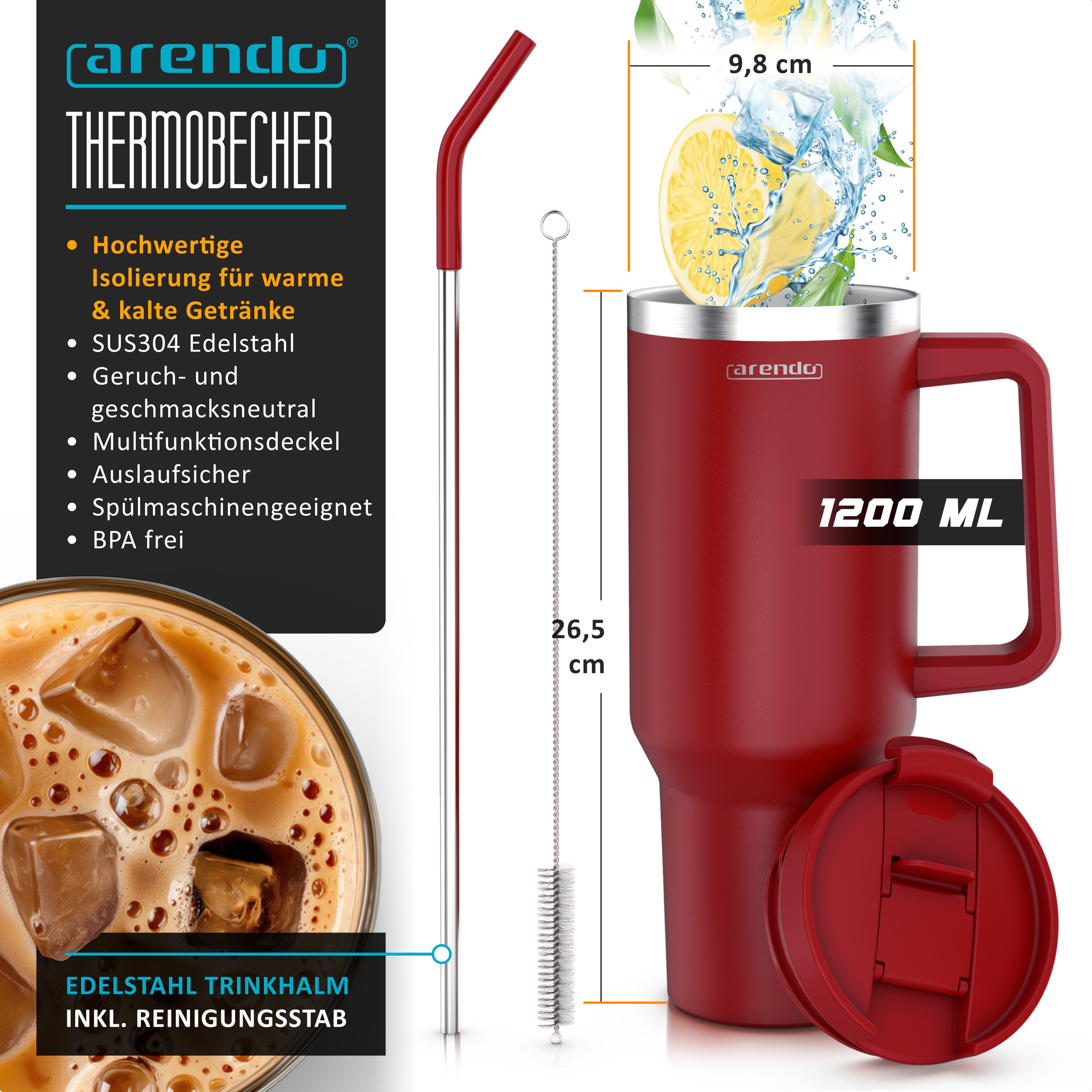 Arendo Thermobecher Tumbler 1200 ml, Becher mit Deckel, Henkel und Strohhalm, Thermal Mug, 1-tlg., Edelstahl, kohlensäuregeeignet, auslaufsicher, doppelwandig,  – Bild 2 von 5