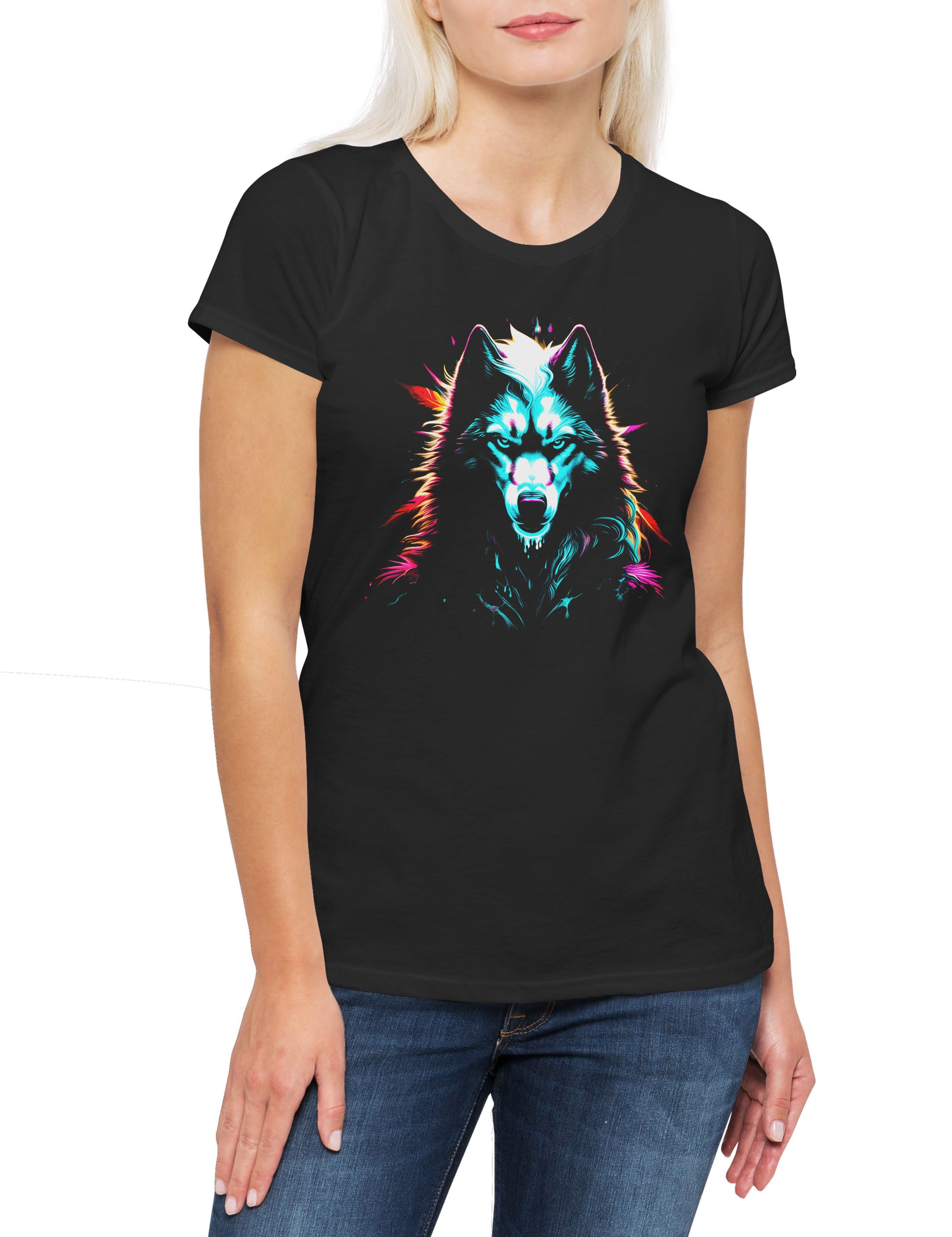 Print-Shirt Spirit Animal Wolf Damen T-Shirt Wolves Wölfe Indian Totem Native