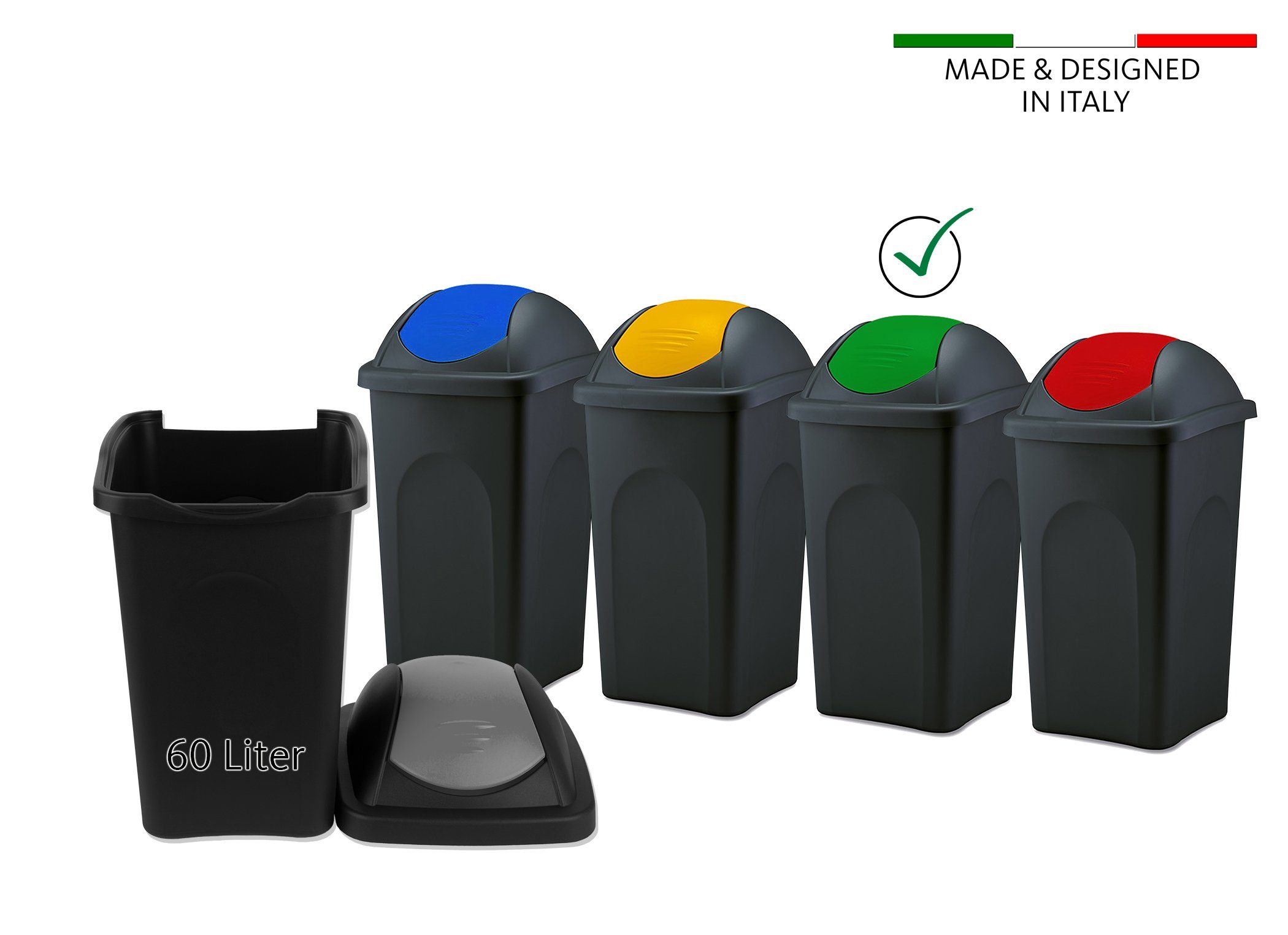 BigDean Mülleimer 60 L XL schwarz Grün Schwingdeckel Müllsammler Abfalleimer Mülltonn, XL Mülleimer, Schwingdeckel, 60L, Dezente Optik