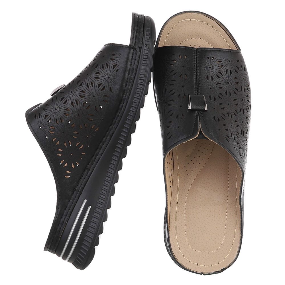 Ital-Design Damen Slipper mit Cut-outs und Komfortsohle Plateausandaletten (91849139) Keilabsatz/Wedge Keilsandaletten in Schwarz