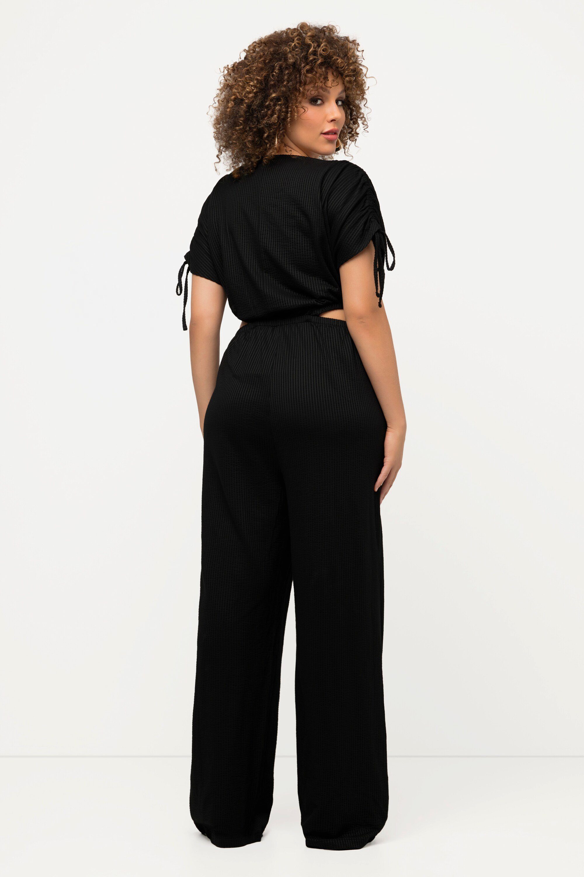 Popken Funktionshose Streifenstruktur Wickeloptik V-Ausschnitt Jumpsuit Ulla