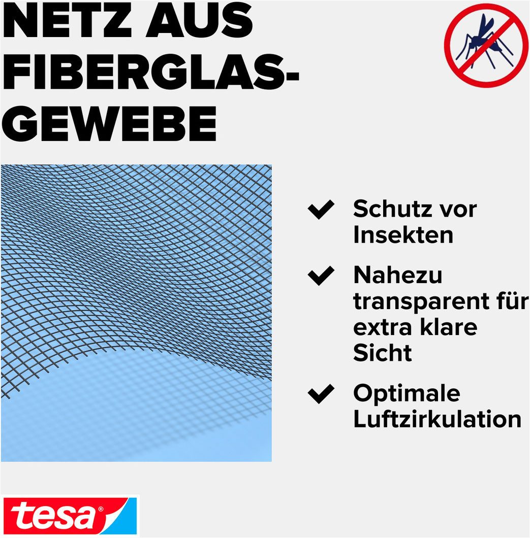 tesa Fliegengitter-Gewebe Insect Stop Fliegengitter Ersatzrolle Fiberglas-Gewebe - 1.2 m x 2.5 m, (Packung, 1-St., Nachfüllrolle), Mückennetz Fenster & Tür - Ersatz-Rolle