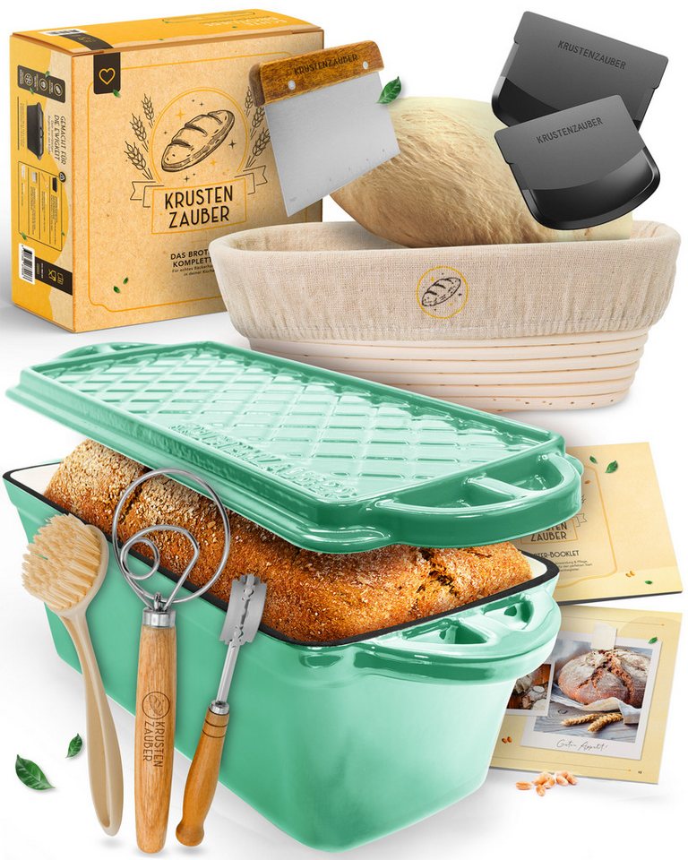 Krustenzauber Brotbackform Emaille Brotbackform 28cm mit Deckel im Komplettset, Kastenform Brot