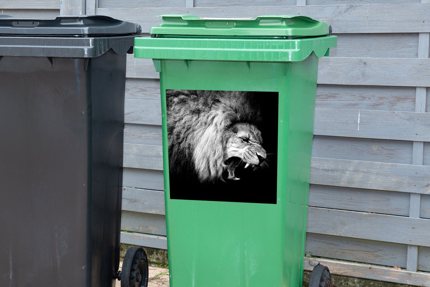 Wandsticker Tiere - St), Container, Mülleimer-aufkleber, MuchoWow Löwe (1 Schwarz Mülltonne, - Weiß - Abfalbehälter - Sticker, Porträt