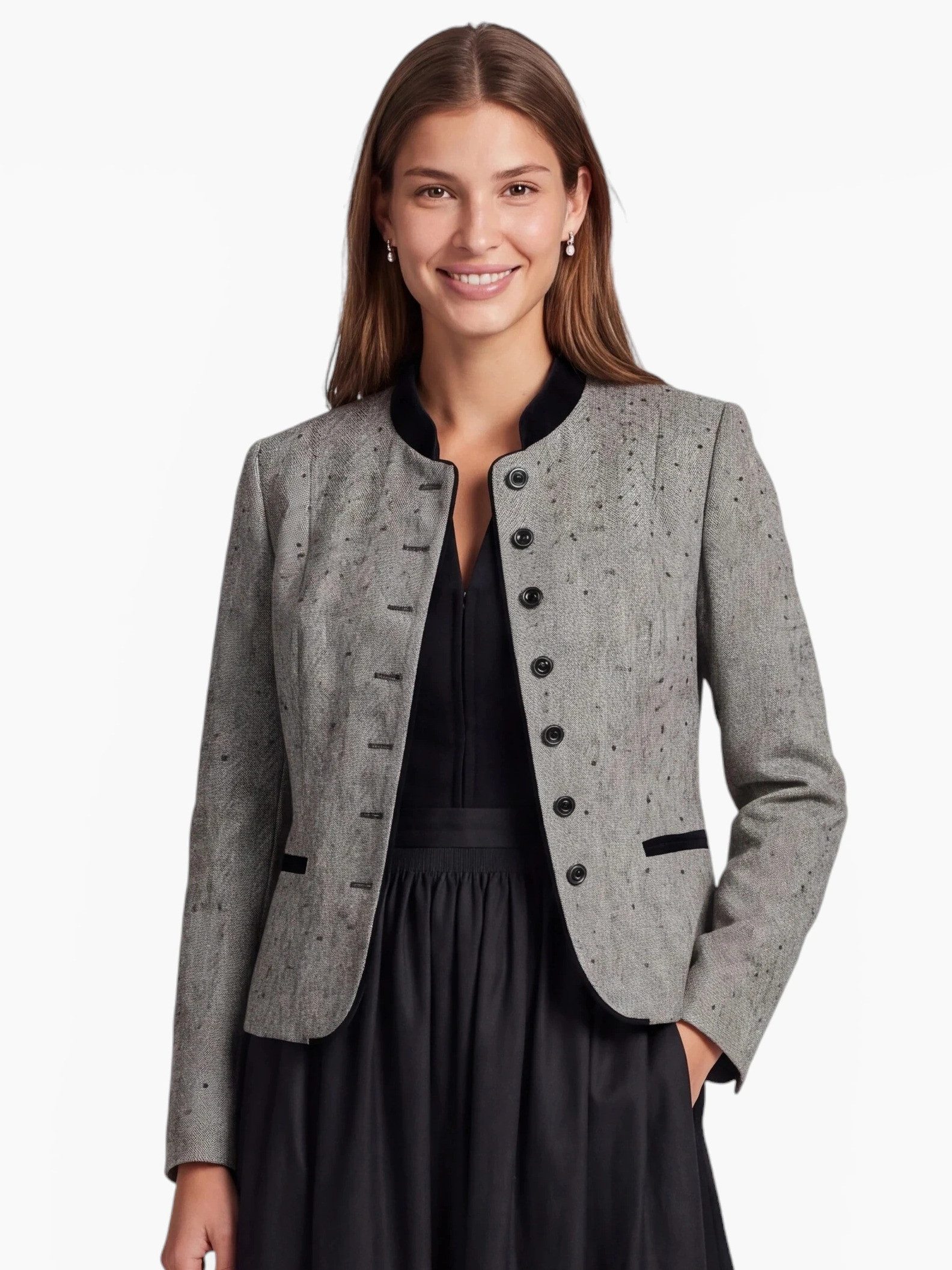 Moschen-Bayern Trachtenblazer Tessa Blazer in Fischgrätmuster, Stehkragen und schwarzen Glitzerelementen
