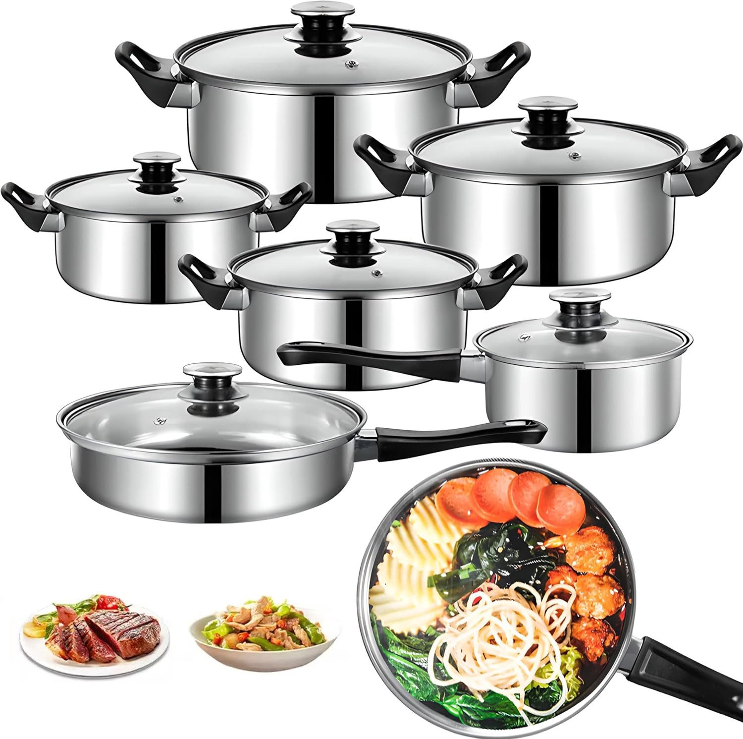 wohnTRAUM24 Topf-Set Topfset 12-teilig Kochtopf Set mit Glasdeckel Edelstahl Bratpfanne, Gusseisen, rostfrei, Edelstahl (12-tlg., 6 Töpfen und 6b Deckeln), Spülmaschinengeeignet Durchmesser 16/18/20/21.8/24/24 cm Silber