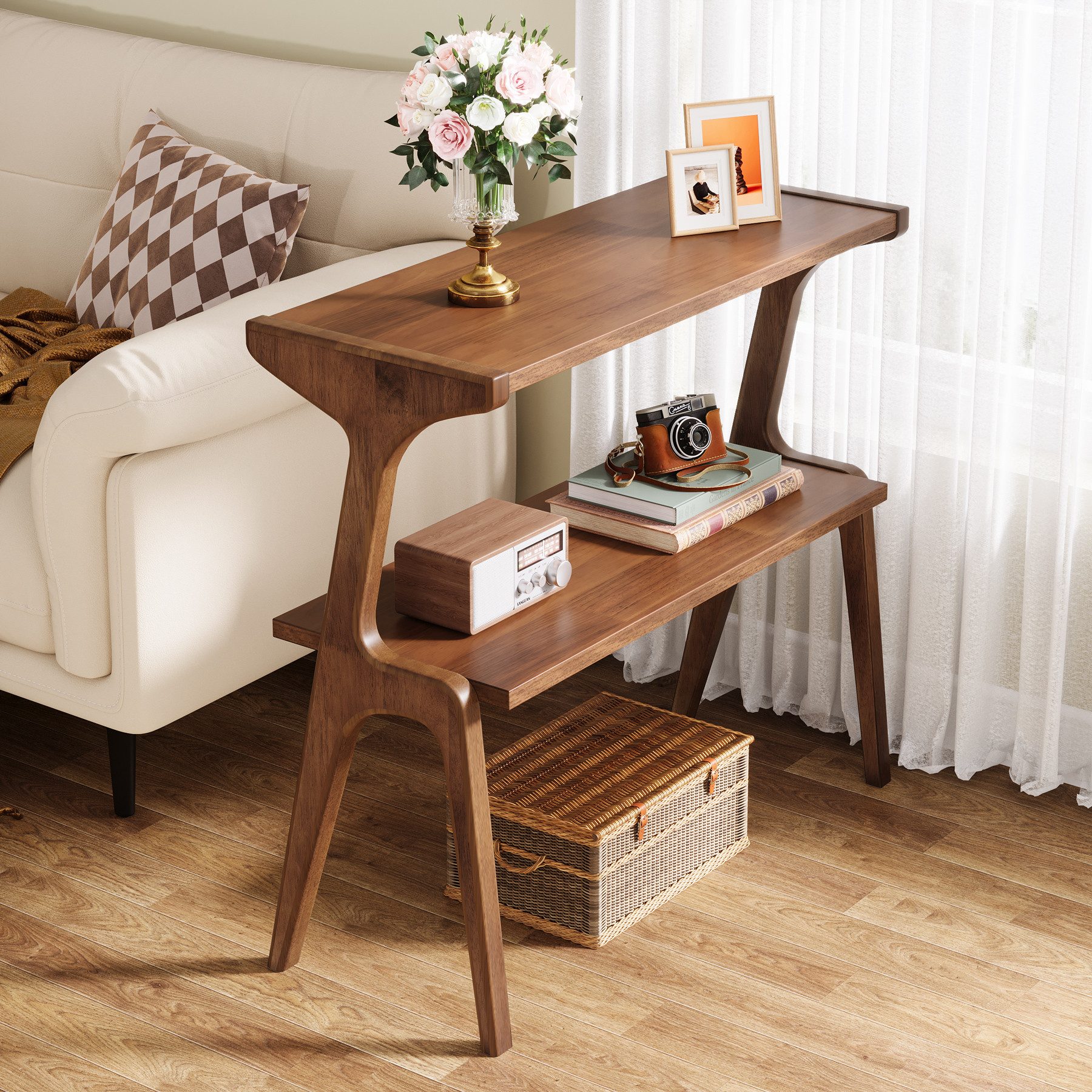 Tribesigns Beistelltisch 2-tier Sofatisch mit Massivholzbeinen, Beistelltisch mit Ablagefläche (1 x Beistelltisch - 1 x Zubehörpaket - 1 x Anleitung), schlanker Sofa-Beistelltisch mit Massivholzbeinen Bauernhaus