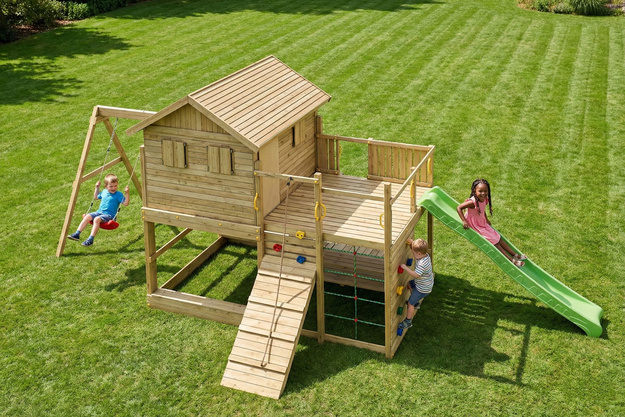FUNGOO Spielturm ALOHA, mit Spielhaus und Terrasse, Doppelschaukel