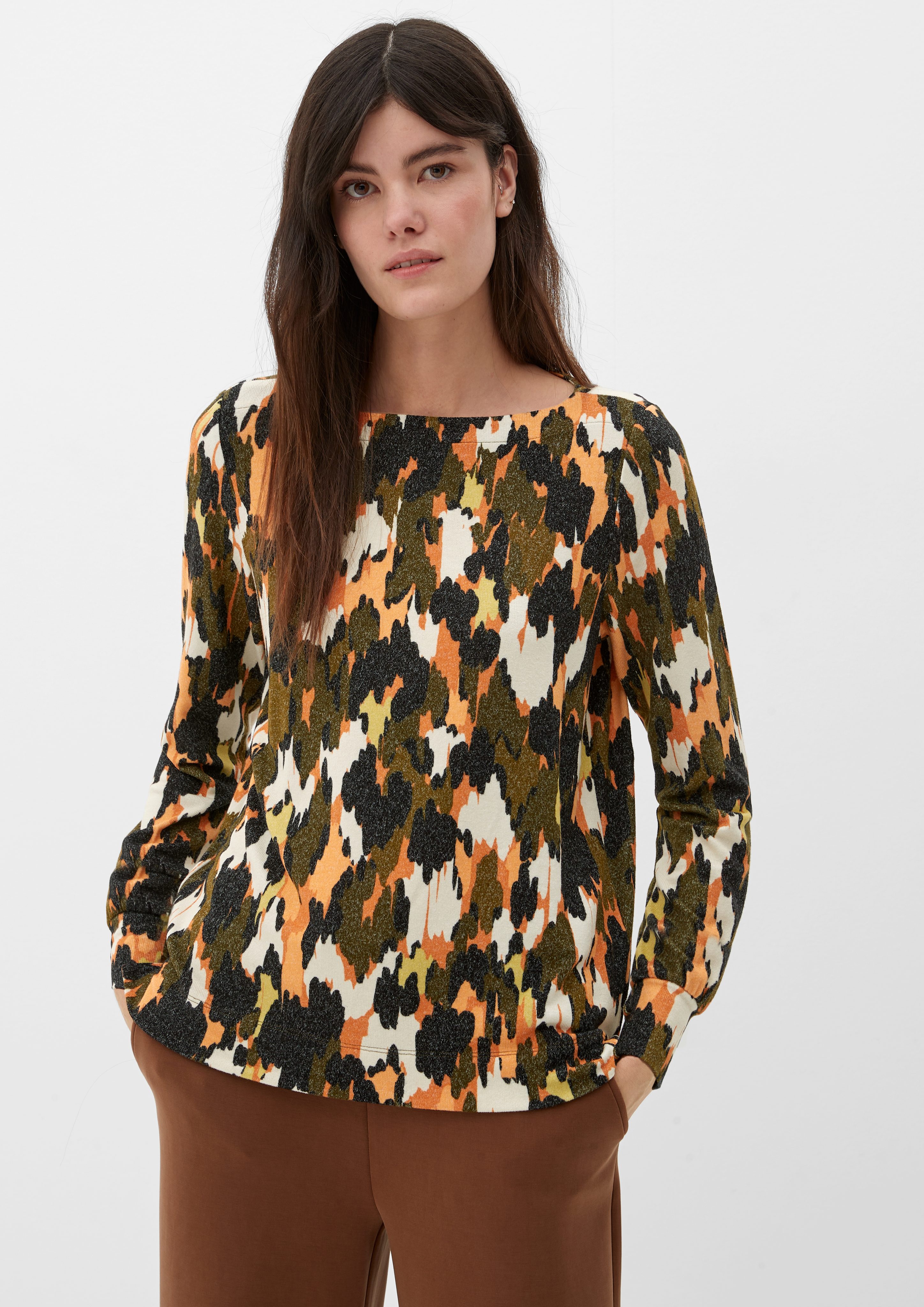 s.Oliver Langarmshirt Alloverprint mit guacamole Ziernaht Langarmshirt